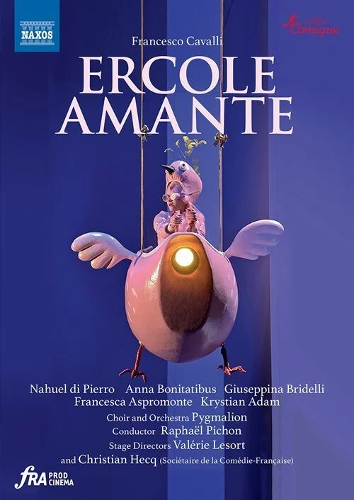Playbill cover for Ercole Amante featuring a character riding a bird-like creature with wings and a glowing circle on its chest, set against a blue background.