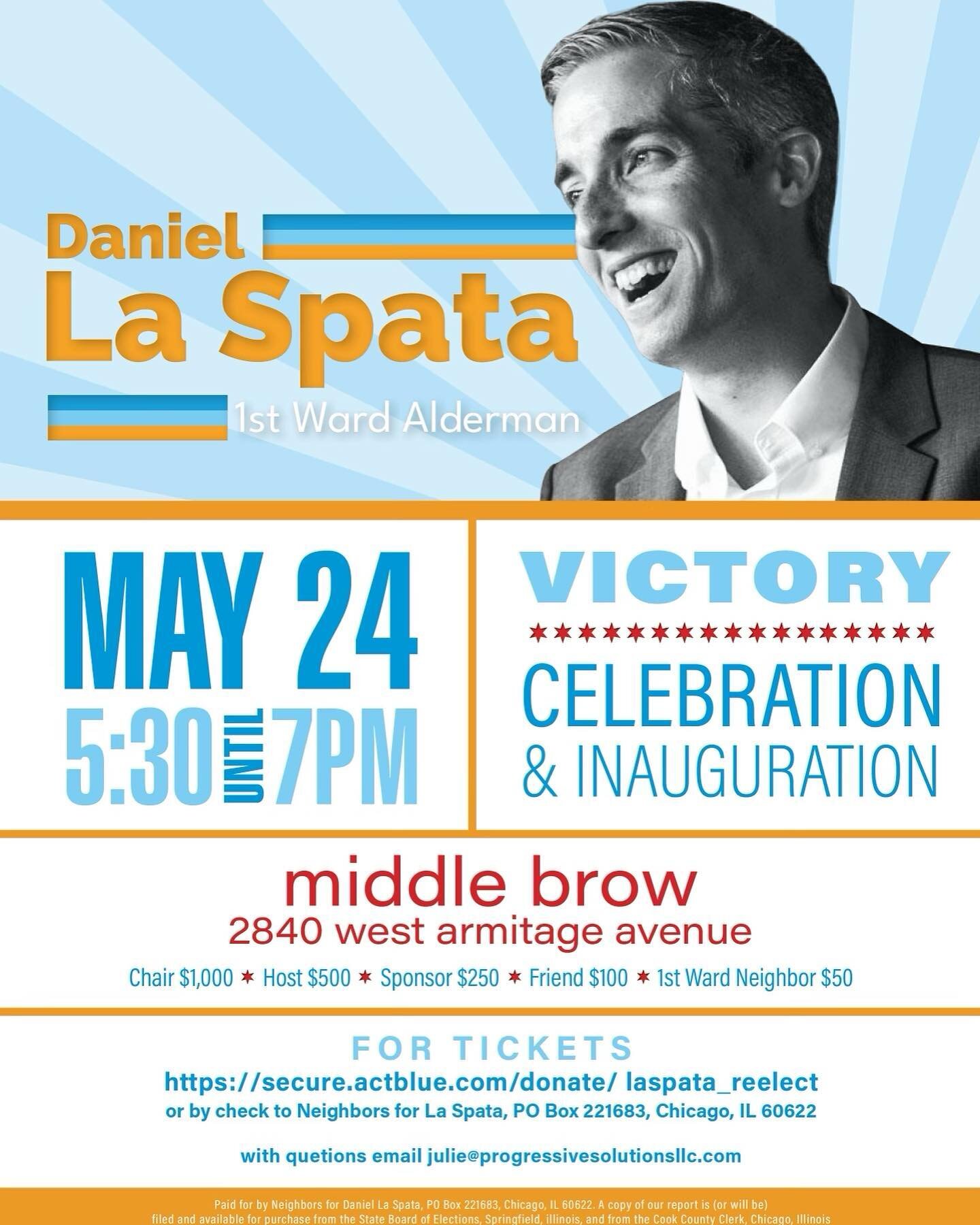 Can&rsquo;t wait to celebrate with you a week from now! There&rsquo;s a bold new future coming to Chicago and we&rsquo;re going to build it together! Tickets available here: https://secure.actblue.com/donate/laspata_reelect