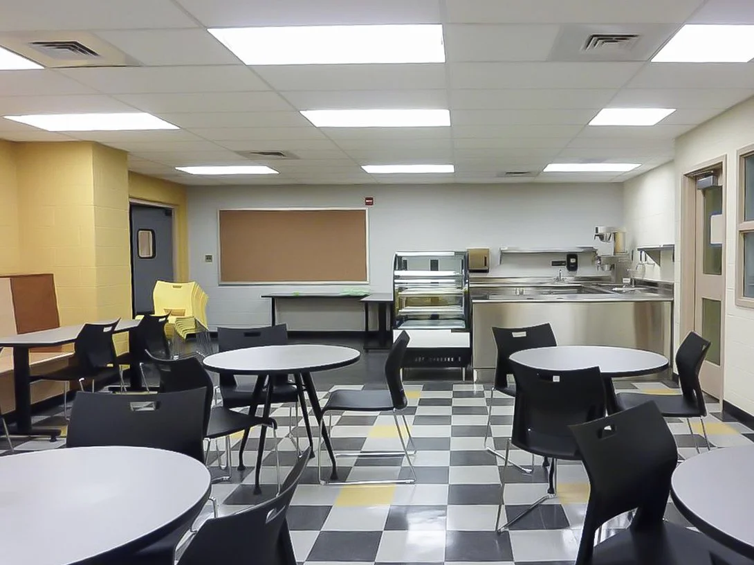 Empty cafeteria with multiple round tables and black chairs, a food counter and a bulletin board on the wall.