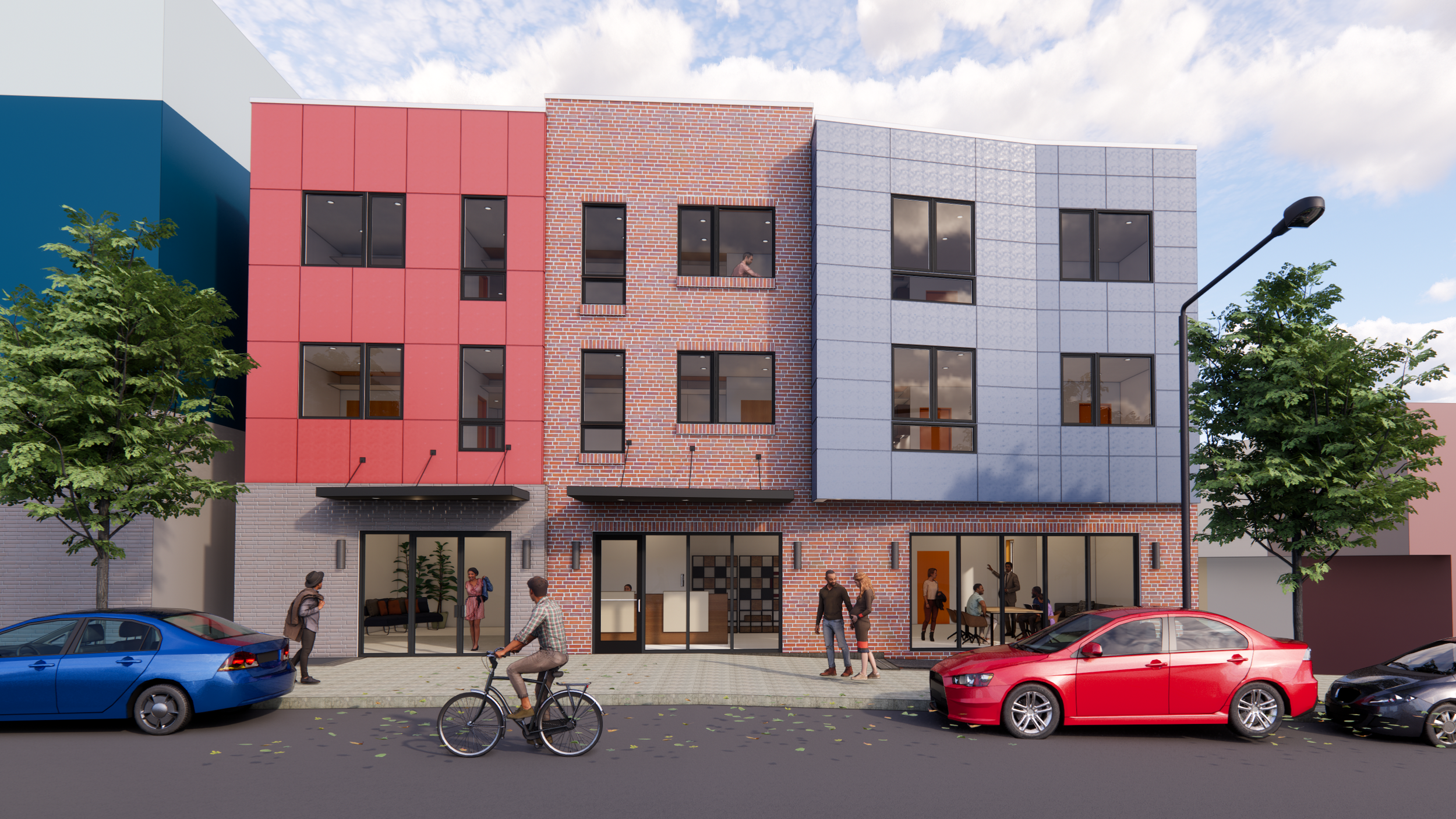 Modern multi-story mixed-use building with retail on the ground floor and apartments above, with people walking, cycling, and cars parked outside on a city street.