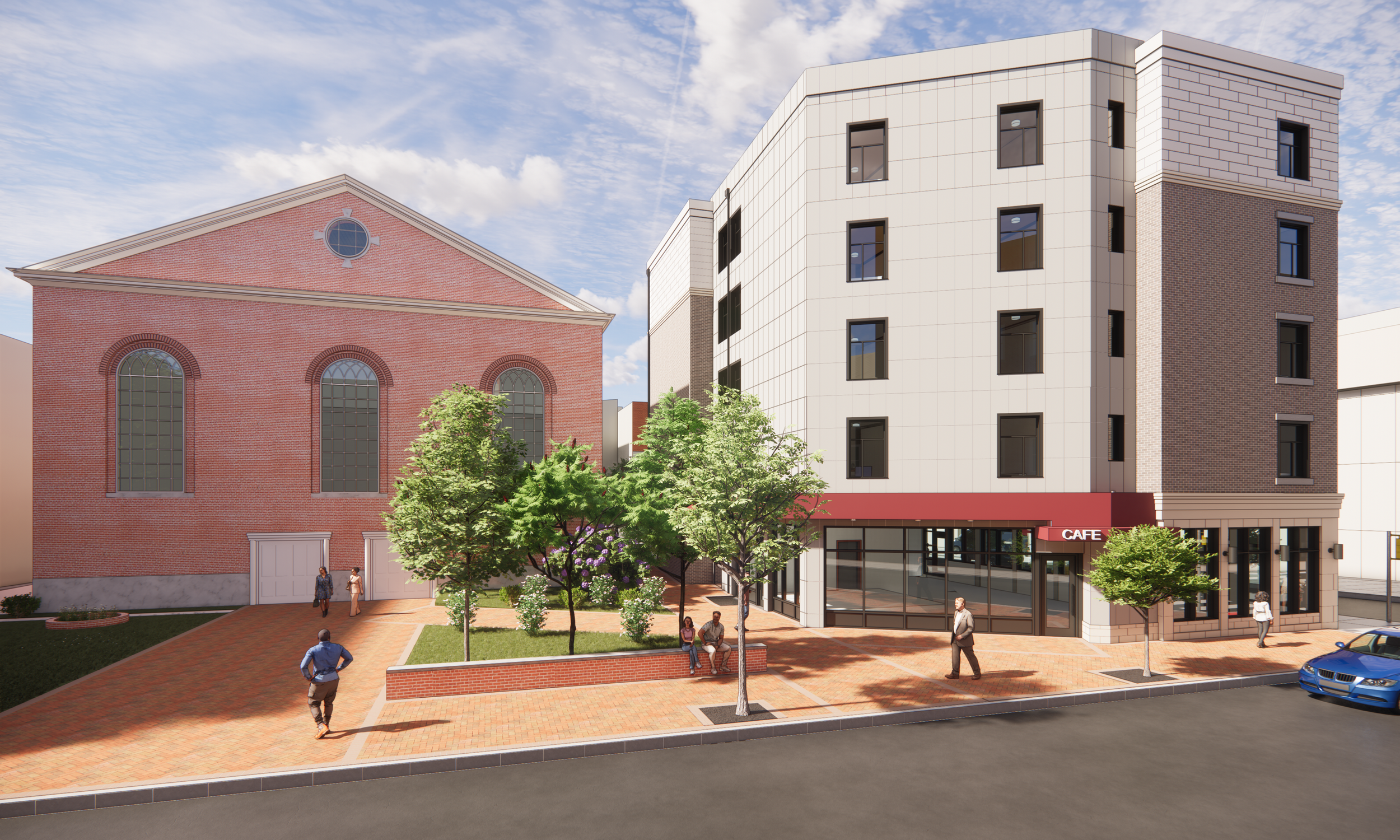 A modern mixed-use building with a café on the ground floor, large windows, and multiple floors, situated next to an older brick building with arched windows. There are trees, chairs, and people walking in the sidewalk area in front of the buildings