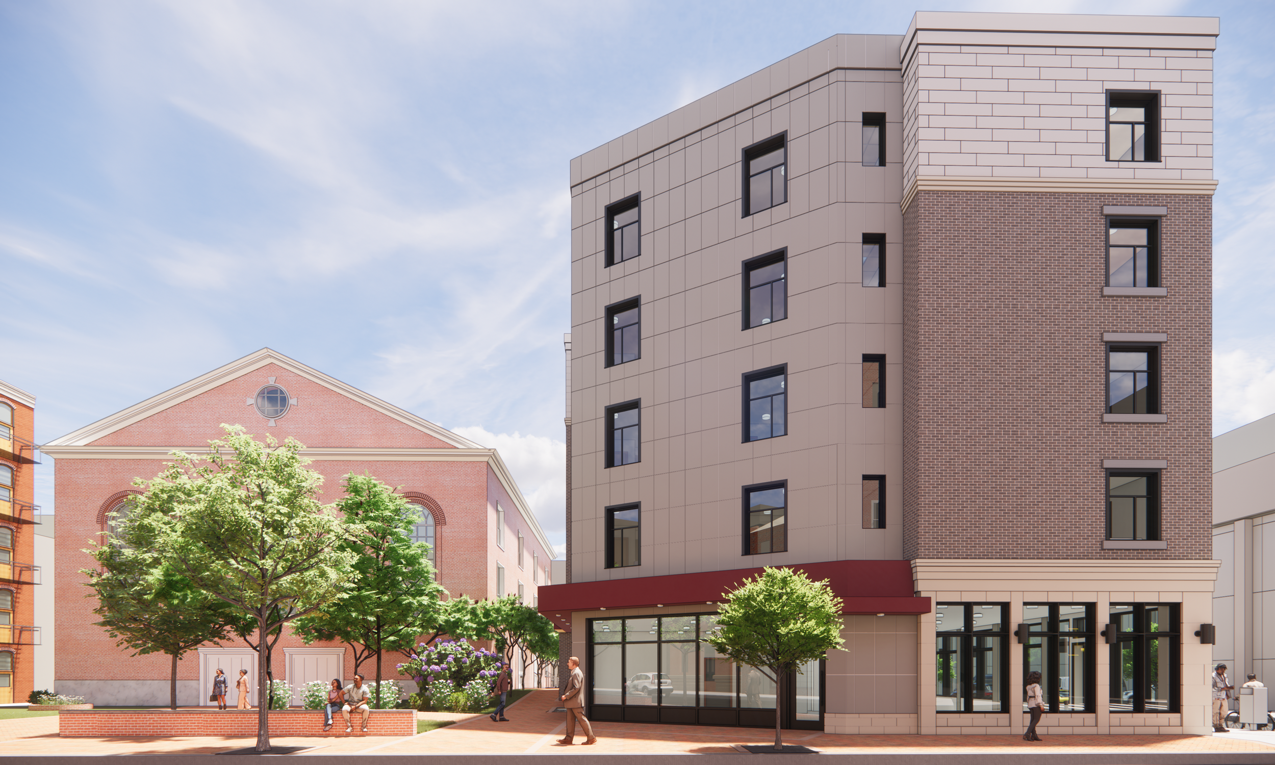 A modern multi-story building with a brick and beige facade, large windows, and a commercial space on the ground floor. The scene includes trees, pedestrians walking, and a church with a red brick exterior and a circular window in the background unde