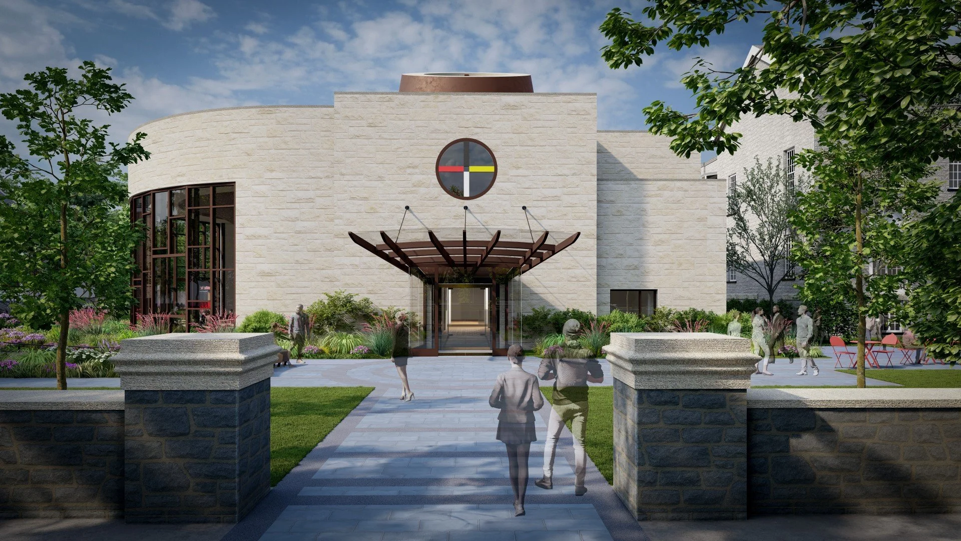Illustration of a modern building with a circular stained glass window, entrance canopy, surrounded by trees, with pedestrians walking and a cyclist on the street in front.
