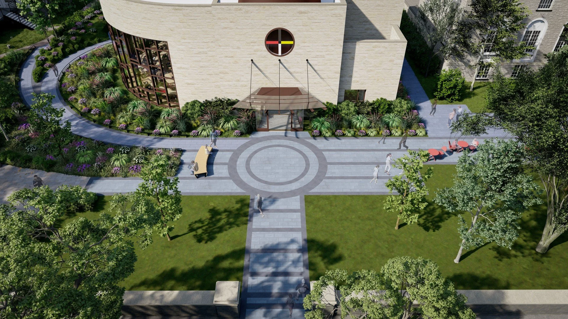 Aerial view of a modern architectural building with rounded and rectangular sections, surrounded by landscaped gardens, walkways, and trees. Nearby are traditional-style houses, parking lots, and streets with cars and pedestrians.