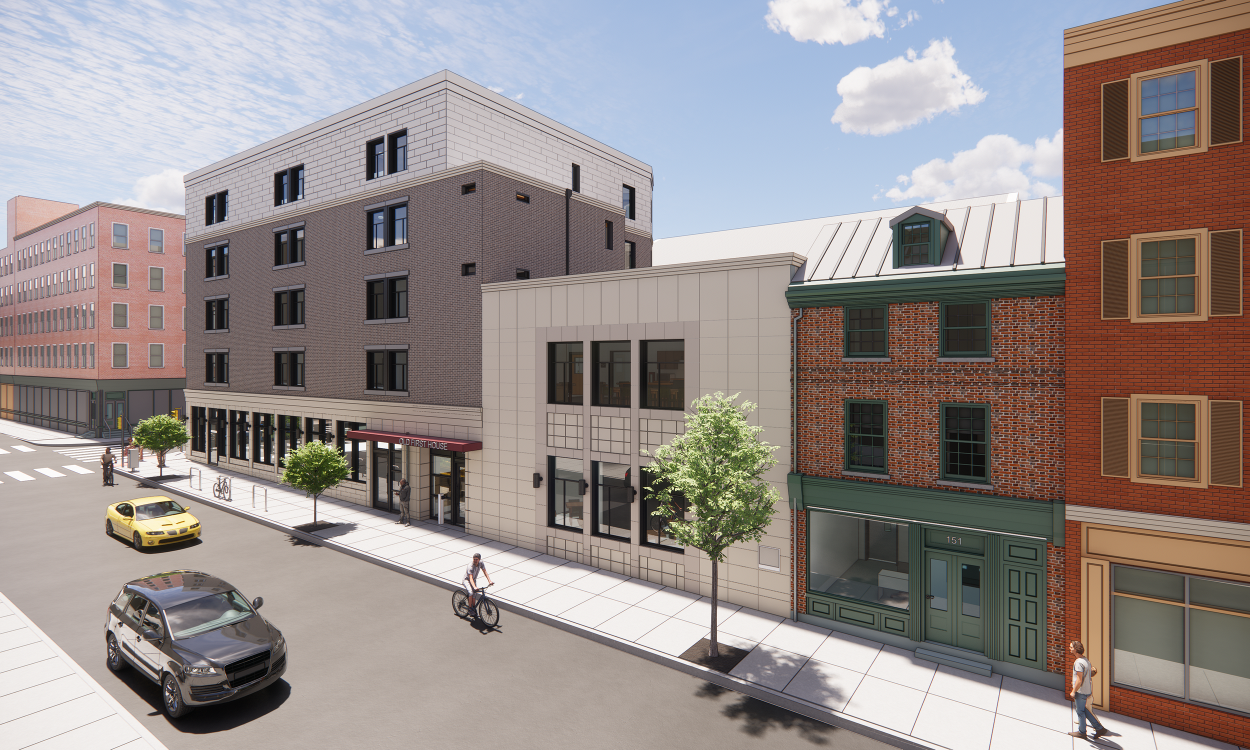 Drawing of a city street with buildings, cars, pedestrians, and trees under a blue sky with clouds.