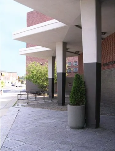 Urban sidewalk scene featuring concrete columns, a small green shrub in a large planter, and a building with a brick exterior in the background.