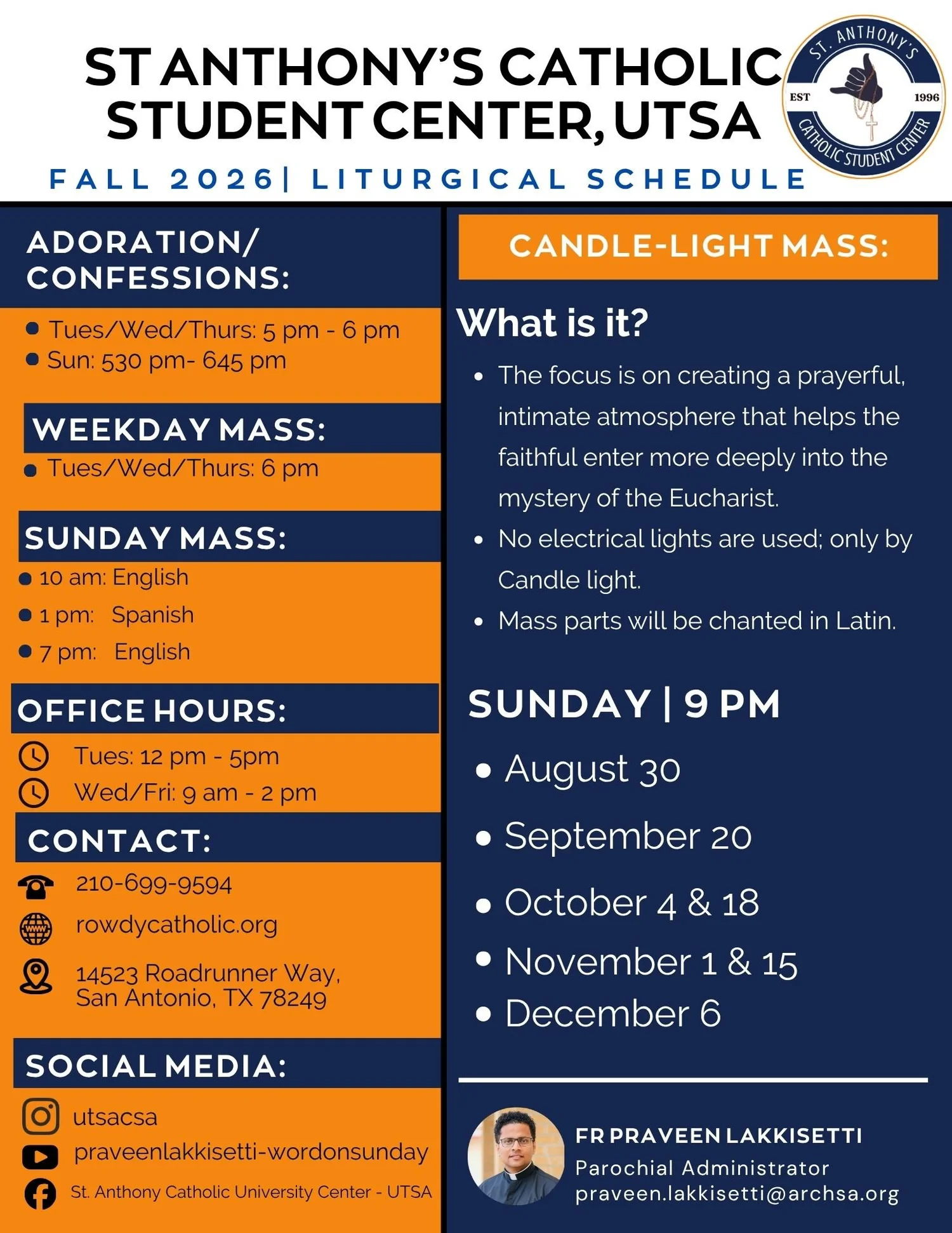 Fall 2026 Mass Schedule