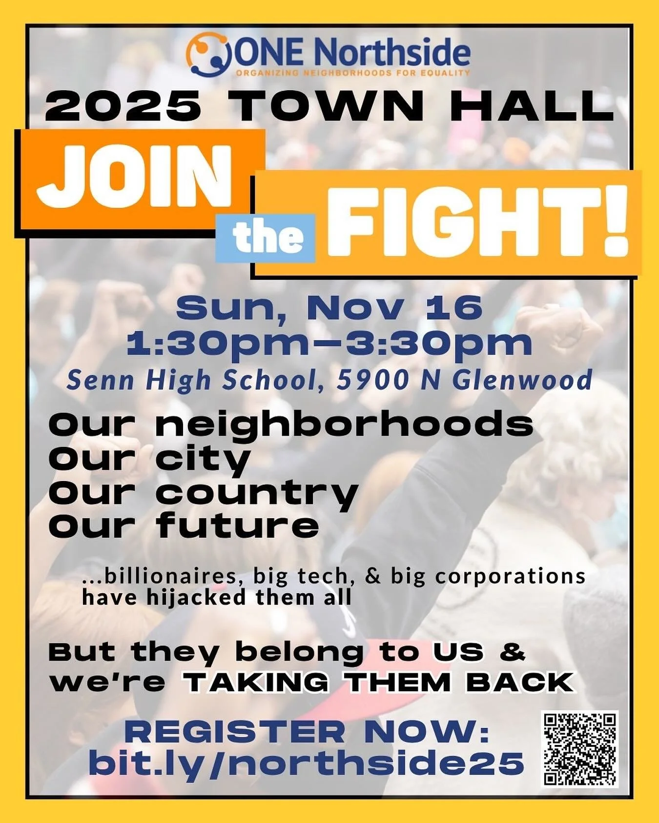 Hope to see you tomorrow at this important community town hall. Information from the event host, @onenorthside :

Join us on Sunday, November 16, from 1:30-3:30pm at Senn High School (5900 N. Glenwood) for our Annual Town Hall. We will come together 