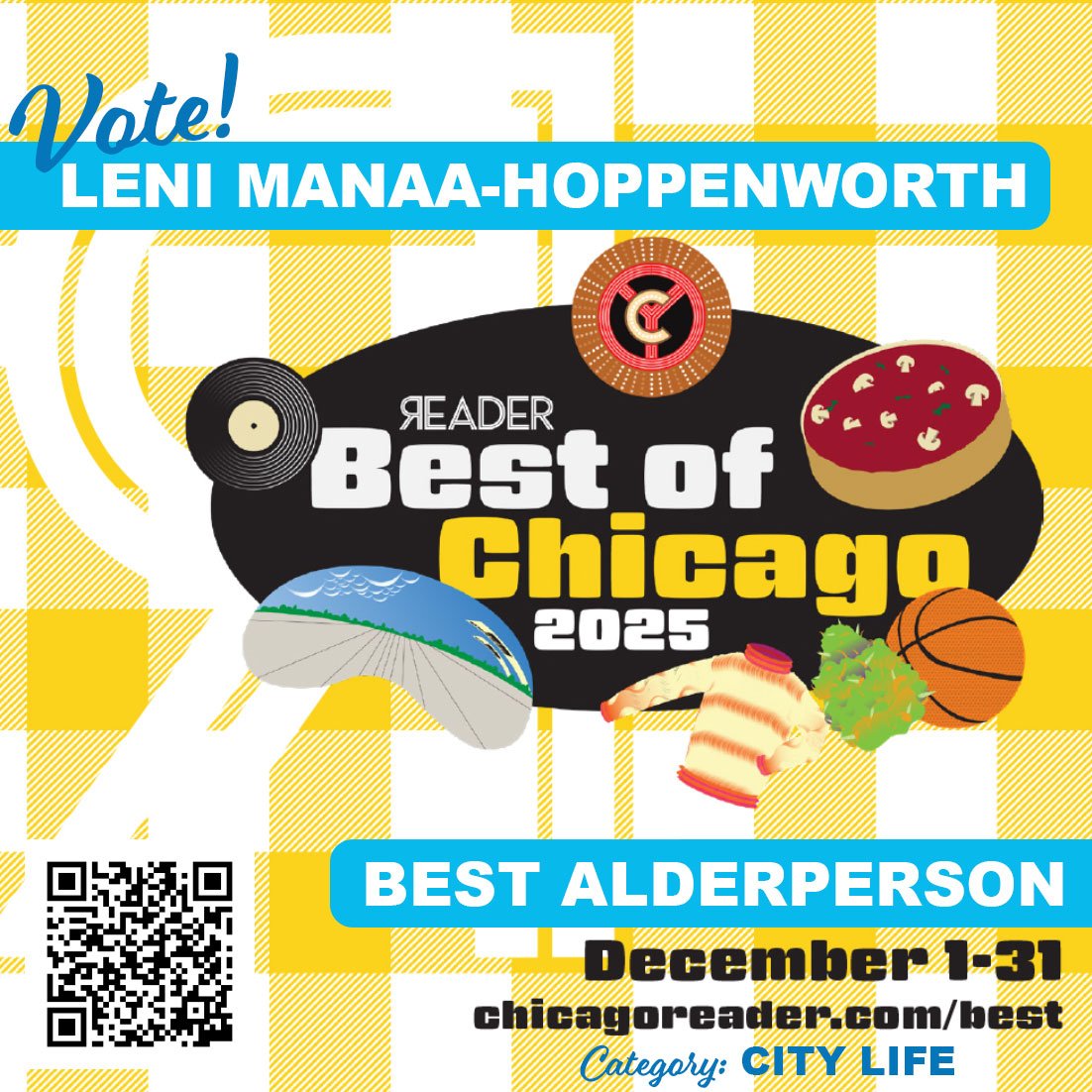 Friends &mdash;

This month, I am asking you to vote for me in a different type of election &mdash; I have been nominated for "Best Alderperson" in the @chicago_reader Best of Chicago poll!

THANK YOU to everyone who submitted my name to be