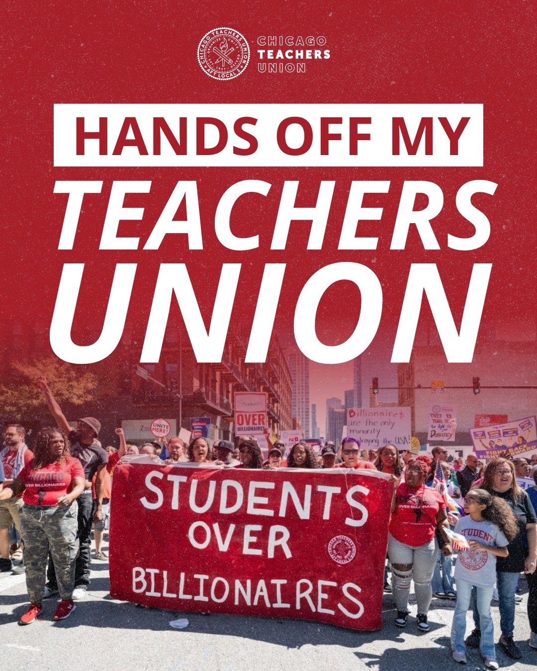 The attacks on @CTULocal1 come straight out of the authoritarian playbook. 

We stand with our educators. We stand for democracy. 

#HandsOffMyTeachersUnion

[pic 1: The words "Hands off my teachers union" over a photo of marchers holding a