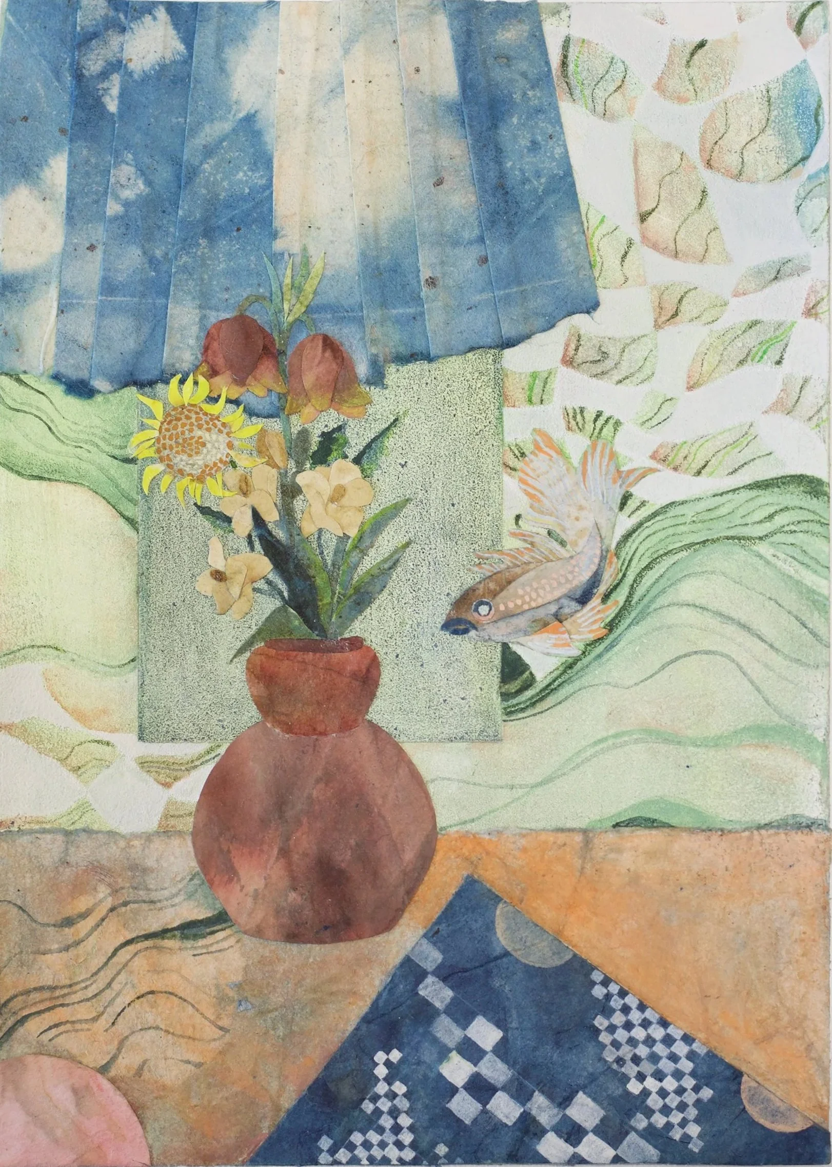 Fish swimming through a still life of flowers in a red vase, blue curtain and checkered napkin,
