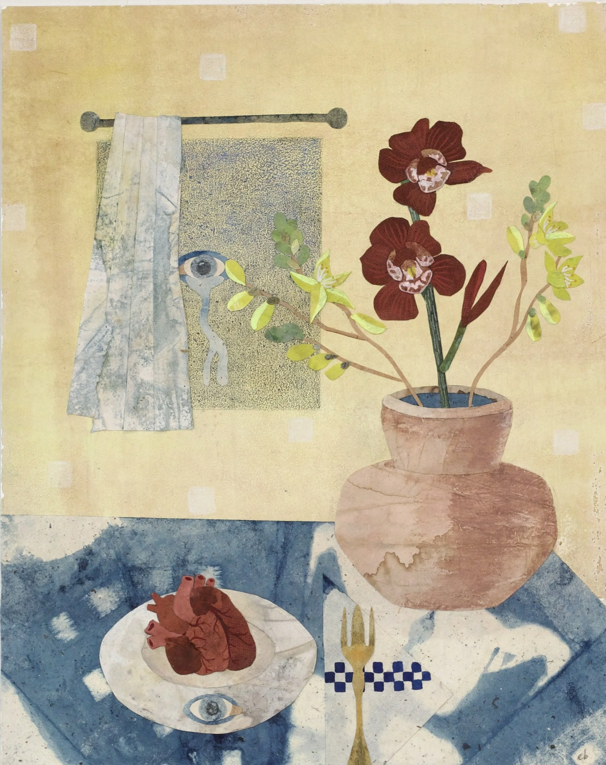Still life of a human heart on a plate next a fork, a vase of orchids, and an eye coming through a partially curtained window.