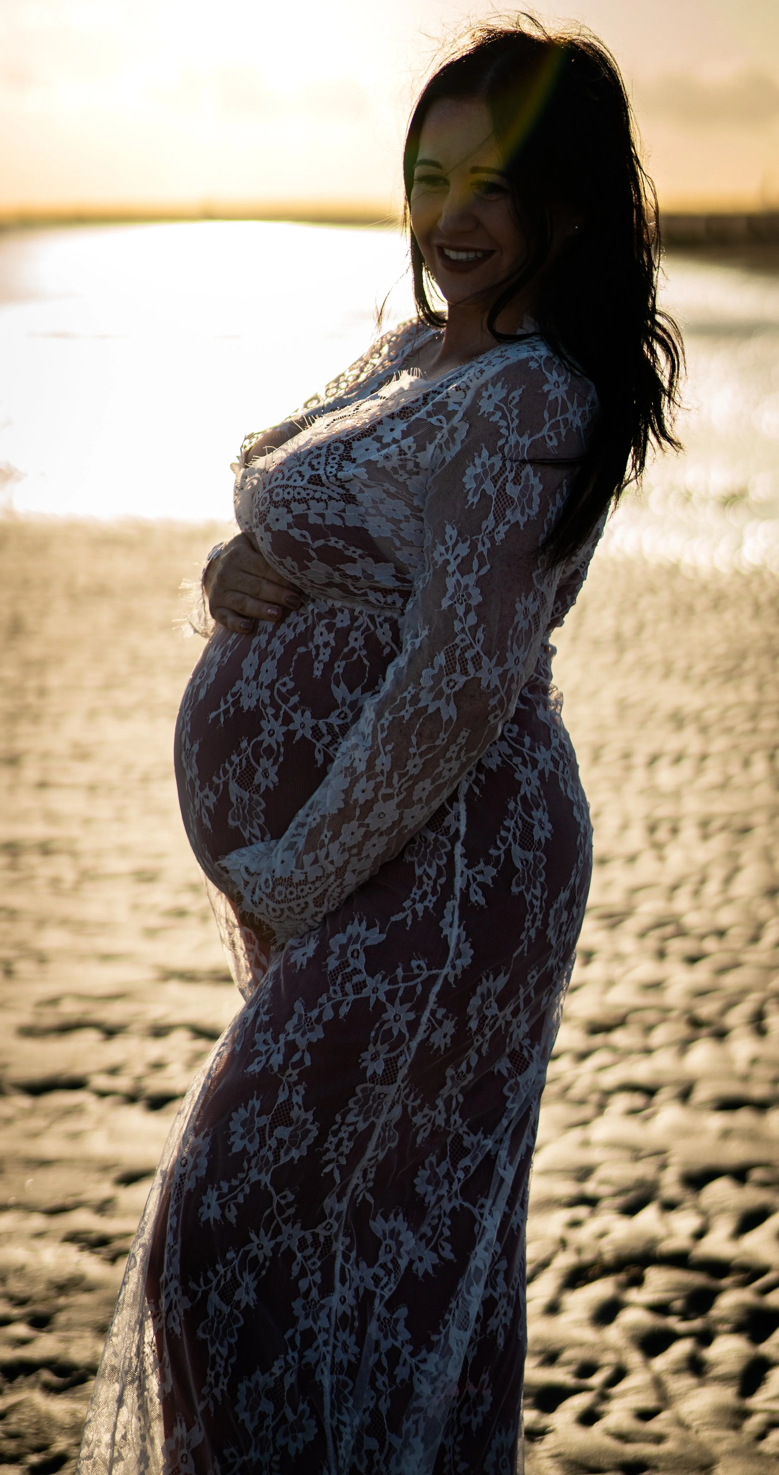 Maternity sunset photoshoot, Hayling Island beach, Havant, Portsouth, Hampshire and West Sussex, in white dress