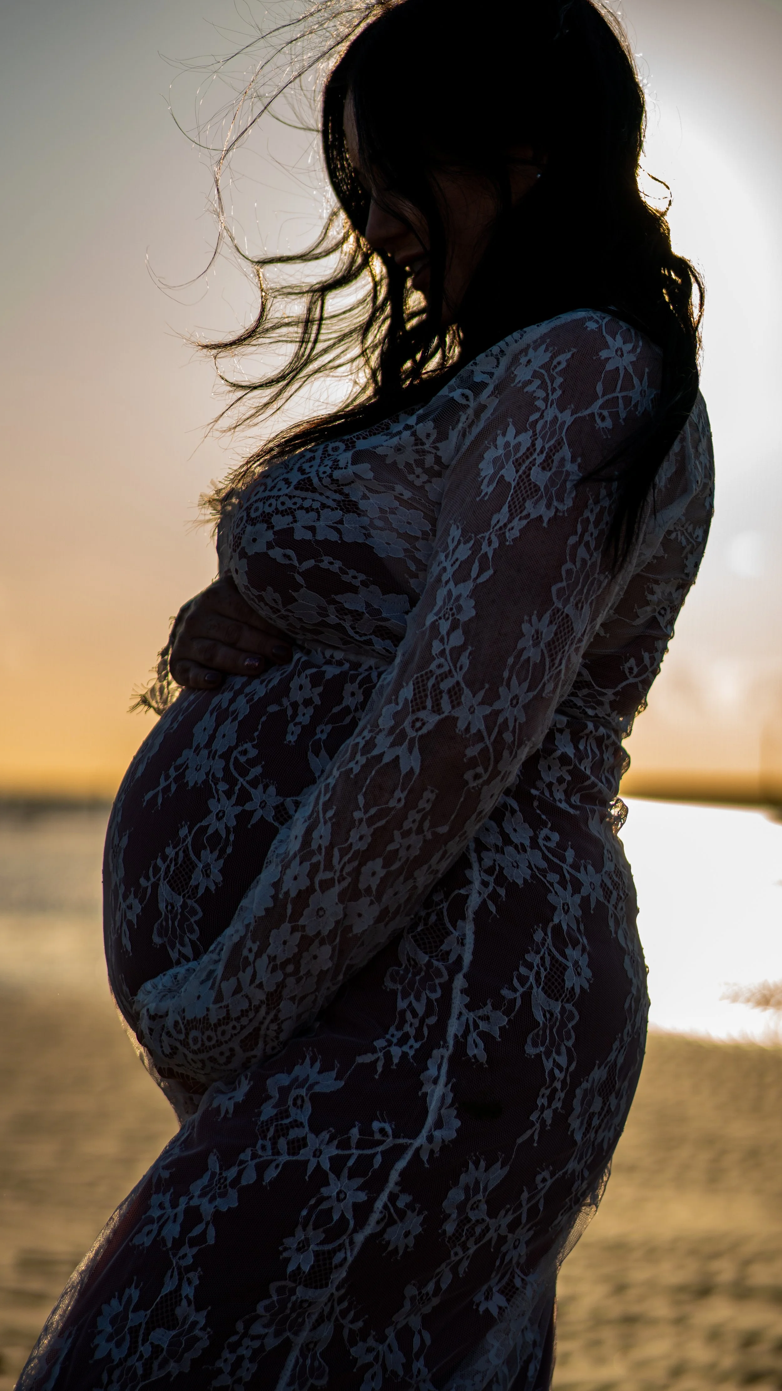 Maternity romantic sunset photoshoot, Hayling Island beach, Havant, Portsouth, Hampshire and West Sussex, in white dress