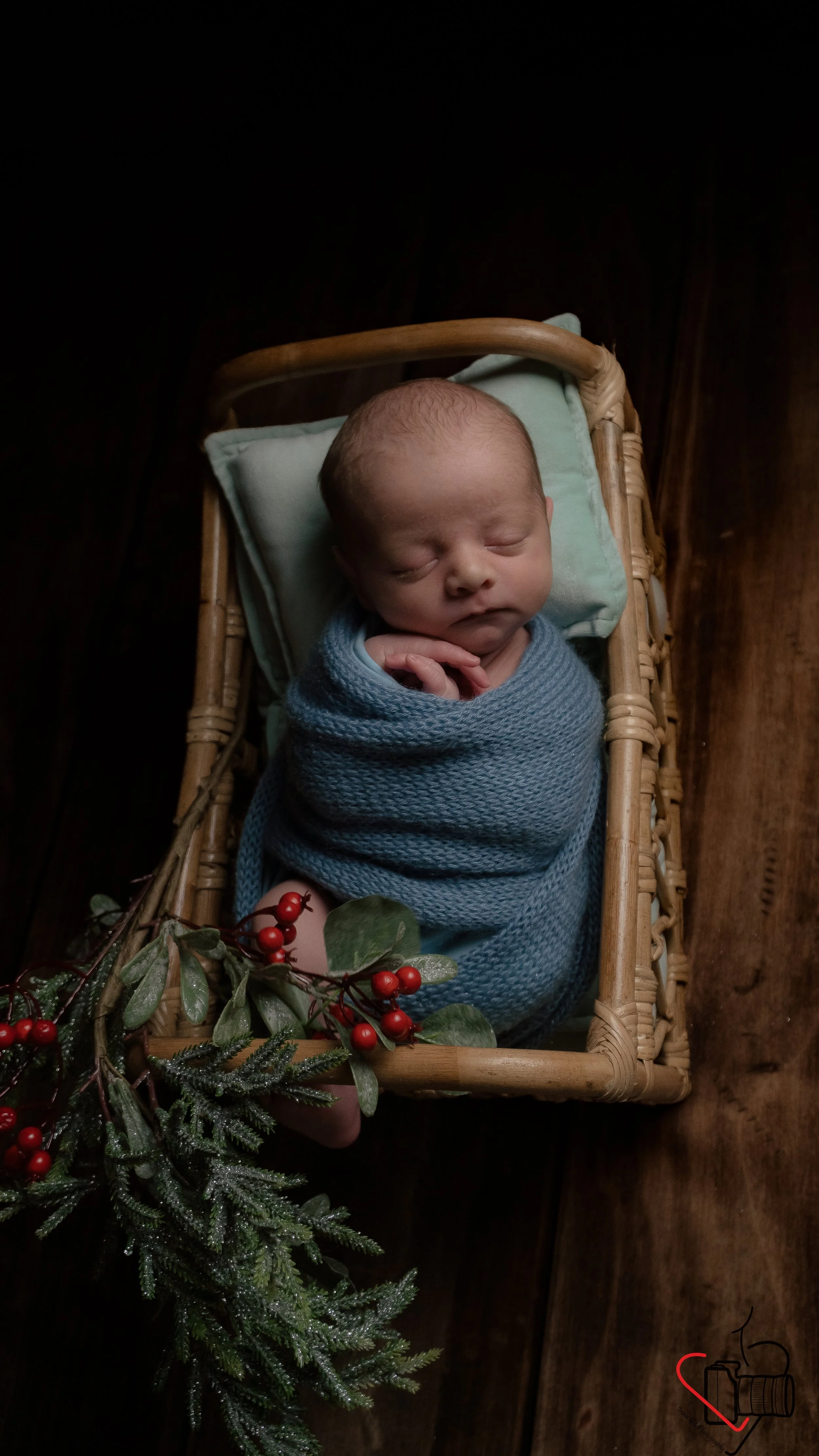 newborn Christmas photoshoot, blue color theme, Hampshire and West Sussex, UK