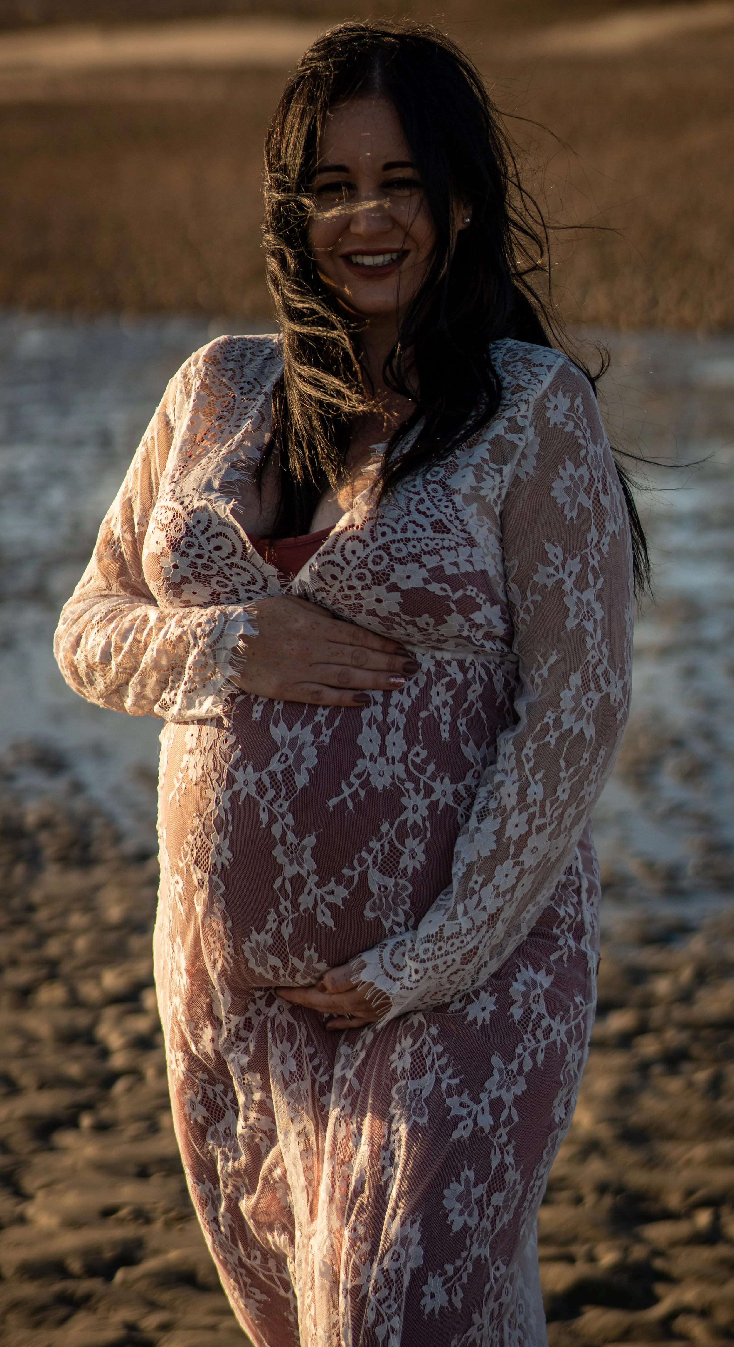 Maternity romantic sunset photoshoot, Hayling Island beach, Havant, Portsouth, Hampshire and West Sussex, in white dress