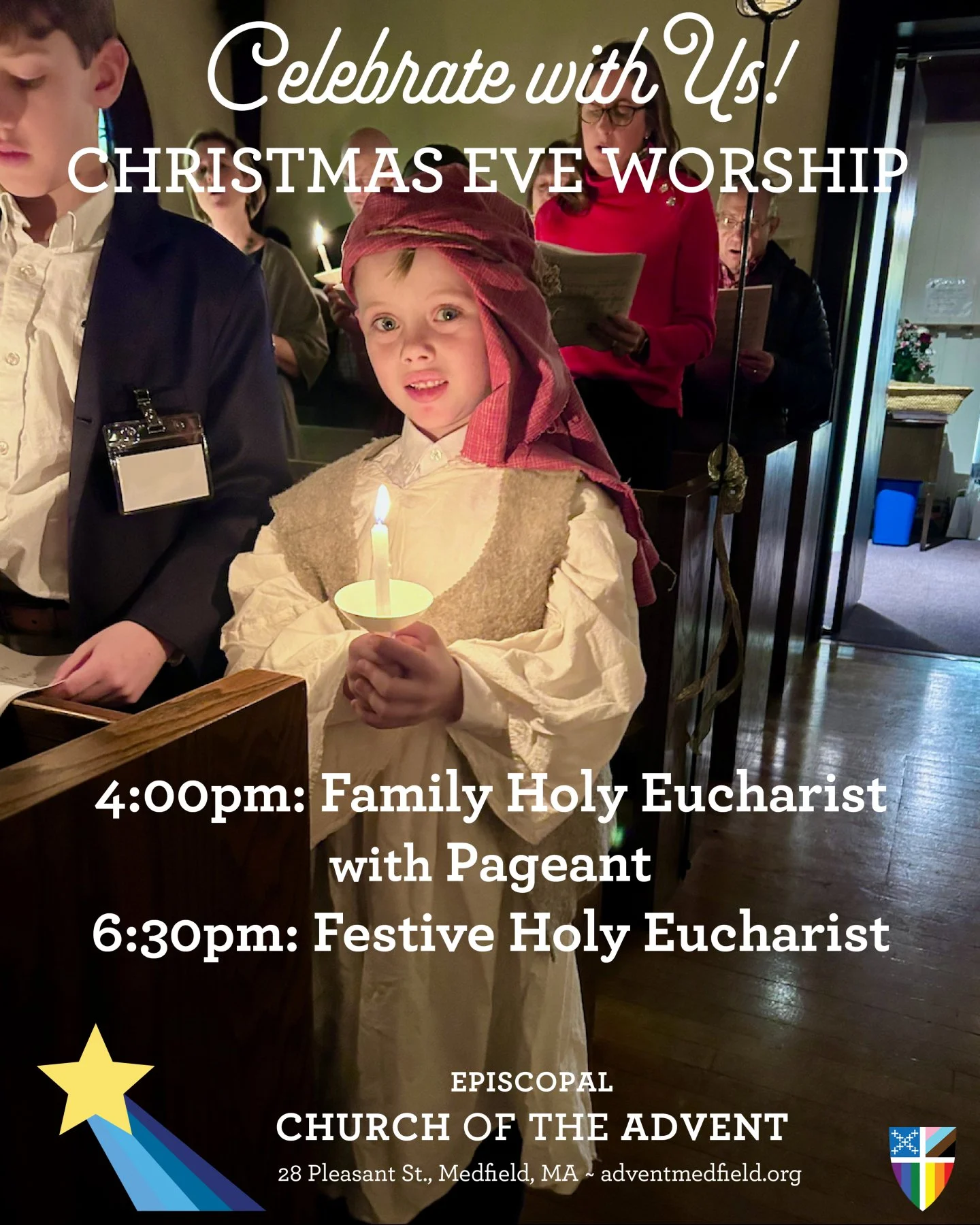 Join us as we celebrate the birth of our savior Jesus Christ! On Christmas Eve we'll have a 4pm Family-Friendly Holy Eucharist with Pageant and a 6:30pm Festive Holy Eucharist. All are welcome to share God's unconditional love #adventmedfield #christ