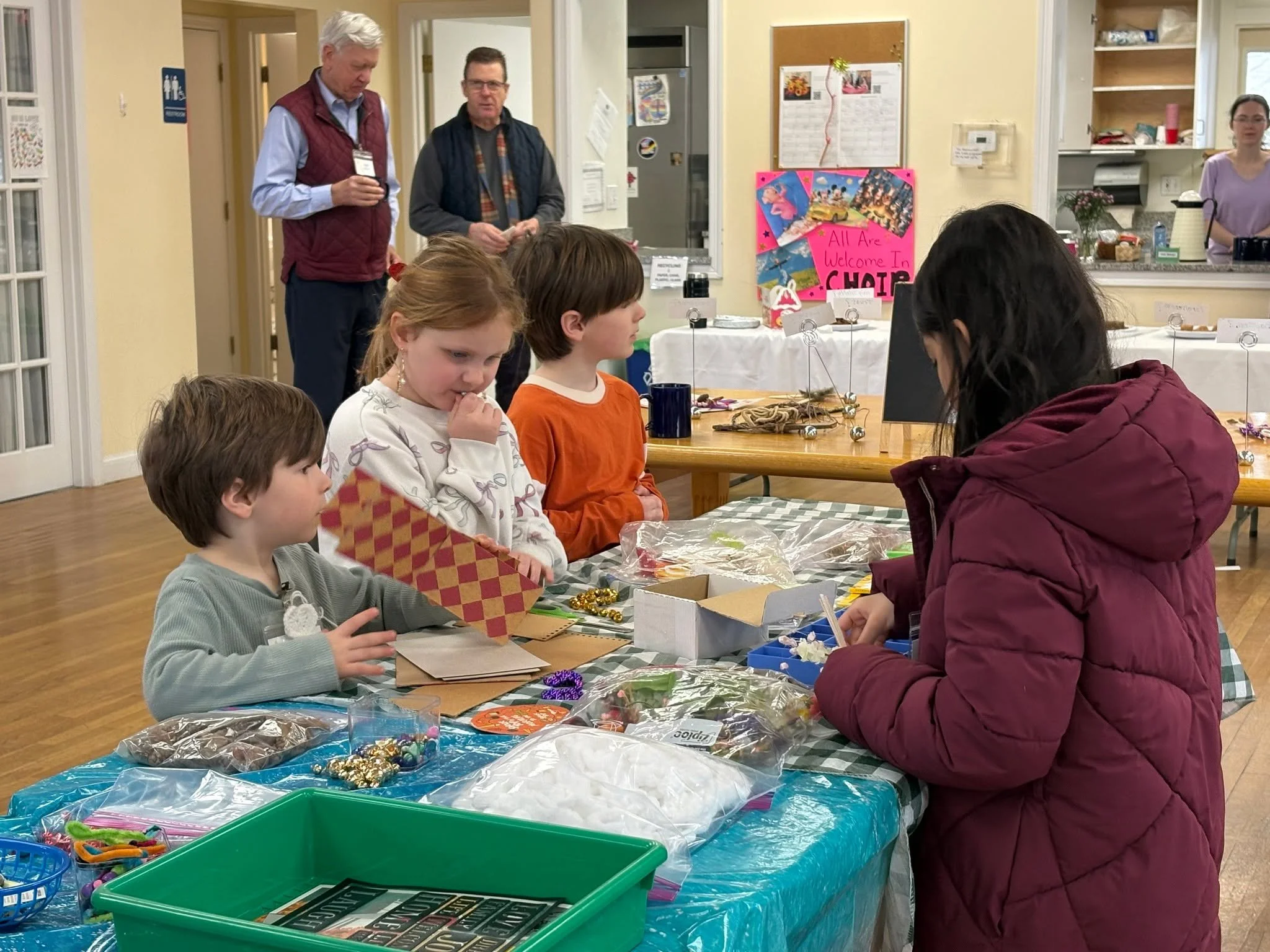 Coffee hour looked a little different this week.

Jill Seiler-Moon led a cross-making workshop, and there was plenty of rummaging, creativity, and conversation along the way. Thank you, Jill, for leading such a thoughtful and enjoyable activity!