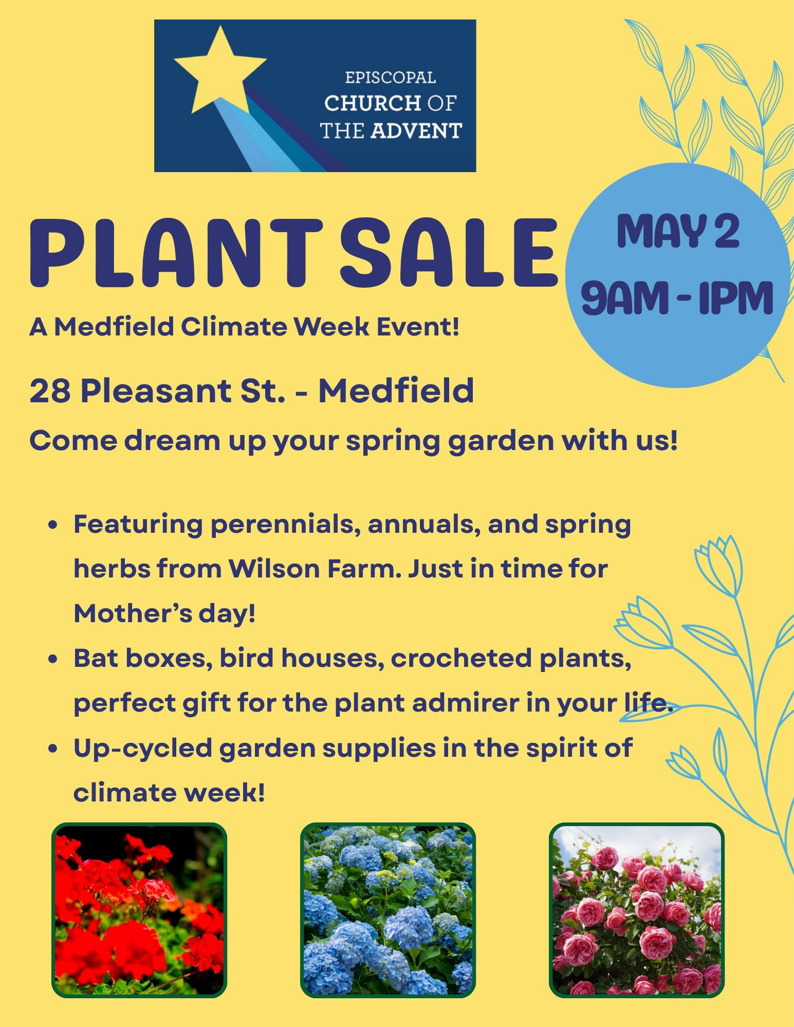 Ready to get your hands in the dirt this spring? 🌱

Join us this Saturday at 28 Pleasant St in Medfield for Church of the Advent&rsquo;s Plant Sale! We&rsquo;ll have beautiful plants from Wilson Farm, plus an upcycled garden supply section, birdhous