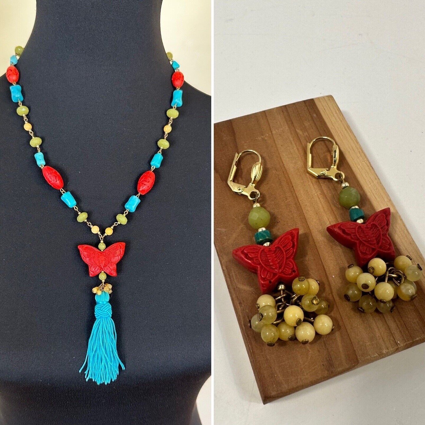 Vintage Cinnabar Style Red Butterfly Teal Tassle Women's Lariat Necklace Set
$22.49

Love it! Costume and fabulous. I believe it to be plastic not cinnabar. Metal is costume and not of high quality. 20&quot; necklace 4&quot; lariat drop. Clip on 2&qu