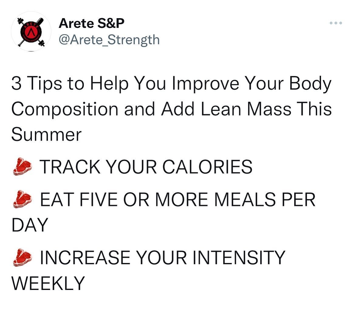 3 Tips to Help You Improve Your Body Composition This Summer 

🥩 TRACK YOUR CALORIES 

As I&rsquo;ve said many times If you&rsquo;re struggling gaining weight the first and most important thing you need to be focused on is your calories. You can not