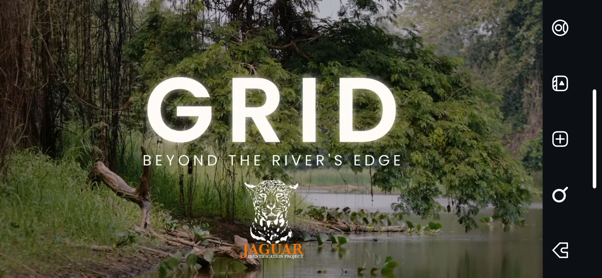 A lush riverside scene with trees and water, overlaid with white text reading 'GRID Beyond the River's Edge' and a jaguar logo at the bottom.