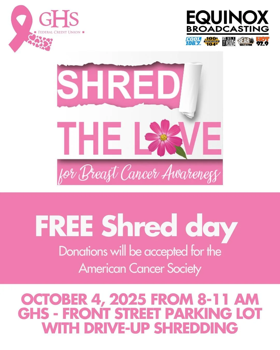 ✨ Free Shred Day is back! ✨
GHS Federal Credit Union is proud to partner with Equinox Broadcasting to bring this free community event to the Southern Tier. Bring your personal documents and securely shred them on-site at our drive-through event &ndas