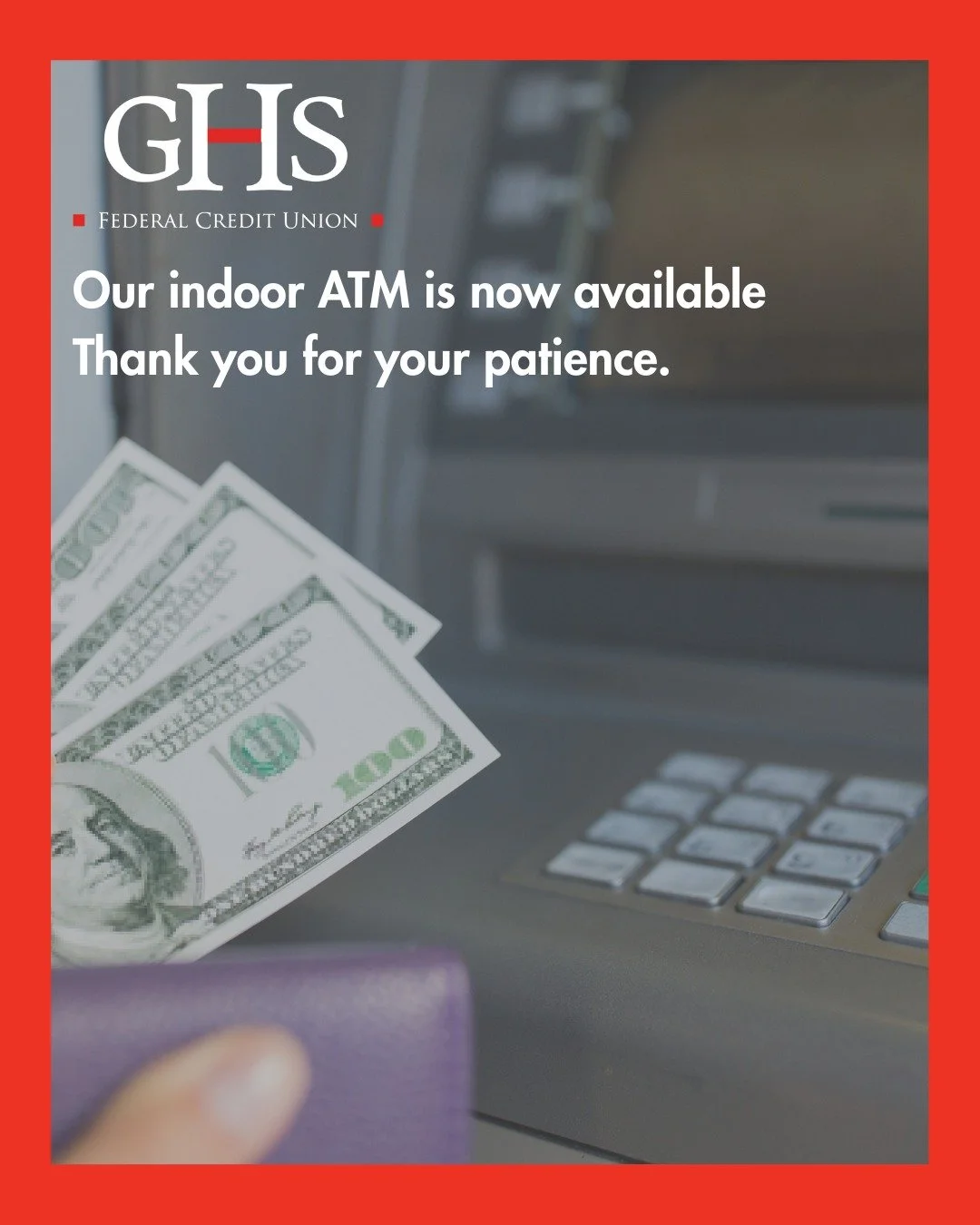 Our ATM upgrades are complete and the indoor ATM machine is now available for use.
Thank you for your patience as we worked to improve your banking experience. ❤️