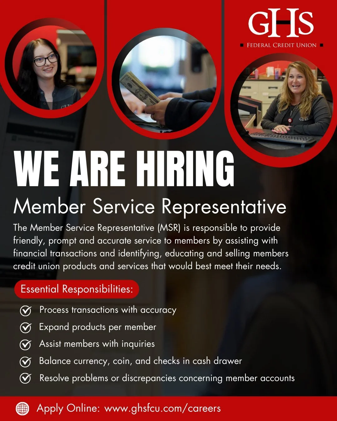 We&rsquo;re hiring ✨

Looking for a role where you can learn, grow, and be part of a team that truly cares about its community?
At GHS Federal Credit Union, we invest in our people and support growth every step of the way.

🔗 Apply at the link in ou