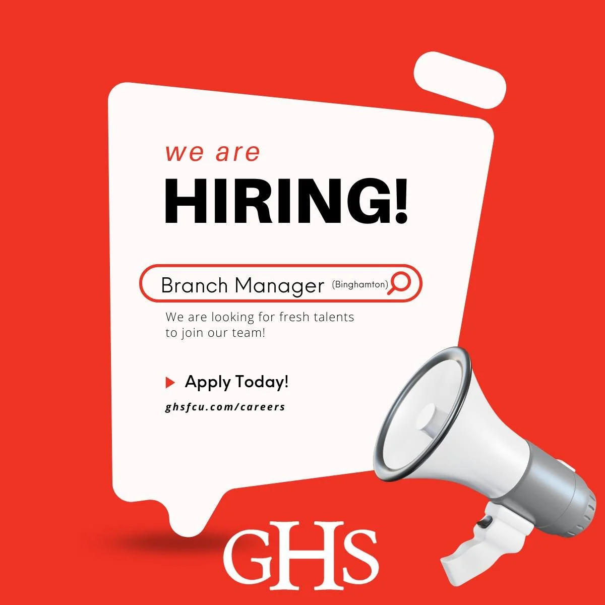 GHS Federal Credit Union is hiring a Branch Manager in Binghamton, NY.

This leadership role is responsible for driving branch performance, developing a high-performing team, and delivering exceptional member experiences. If you have experience in ba