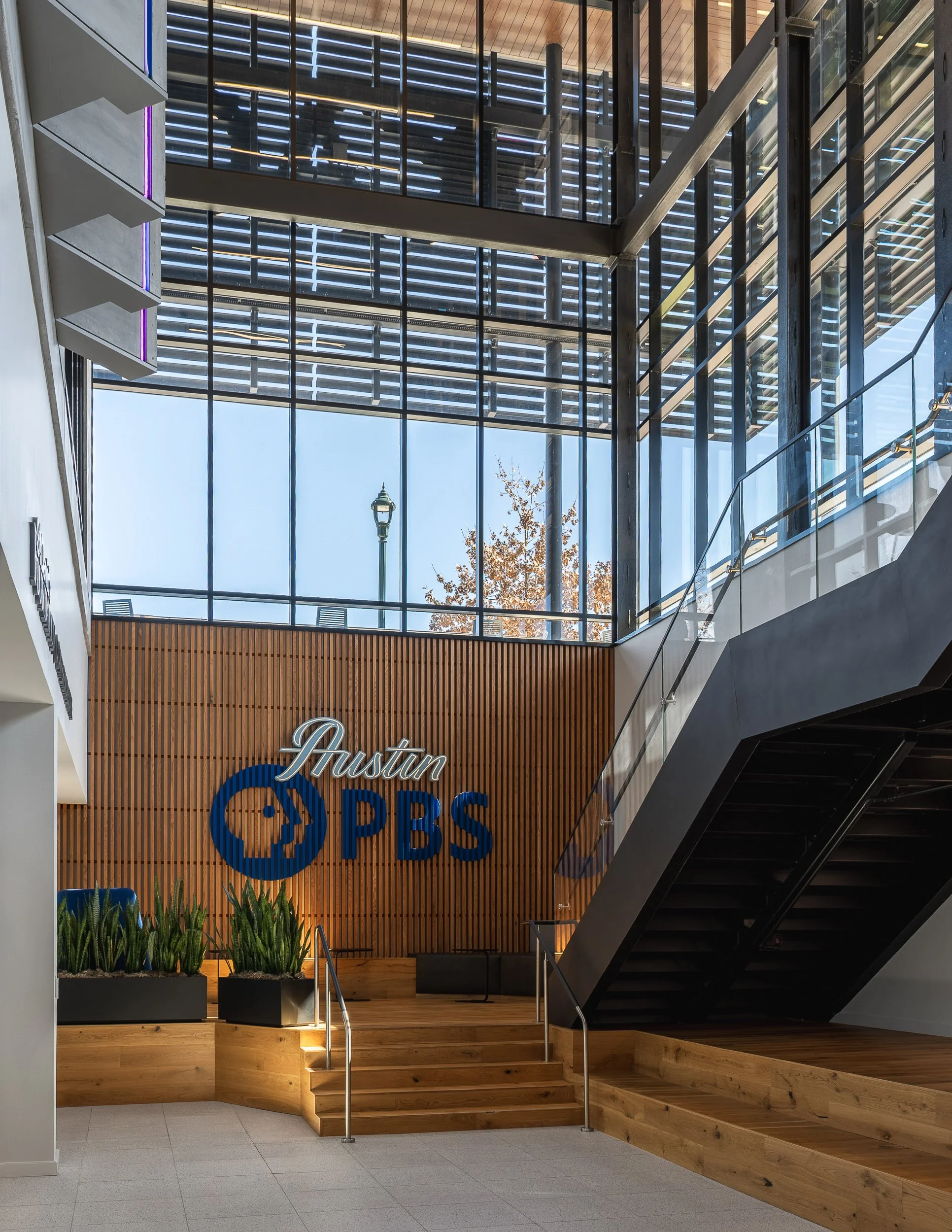 Interior of a modern building featuring a staircase with wooden steps and metal railing, commercial signage including 'Austin' and 'PBS', green plants in pots, a large glass window reflecting a streetlamp and trees outside, and architectural design w