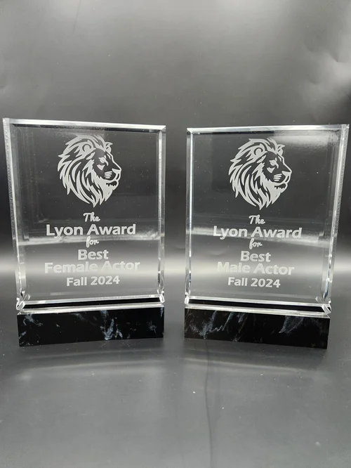 Clear acrylic award with presentation text