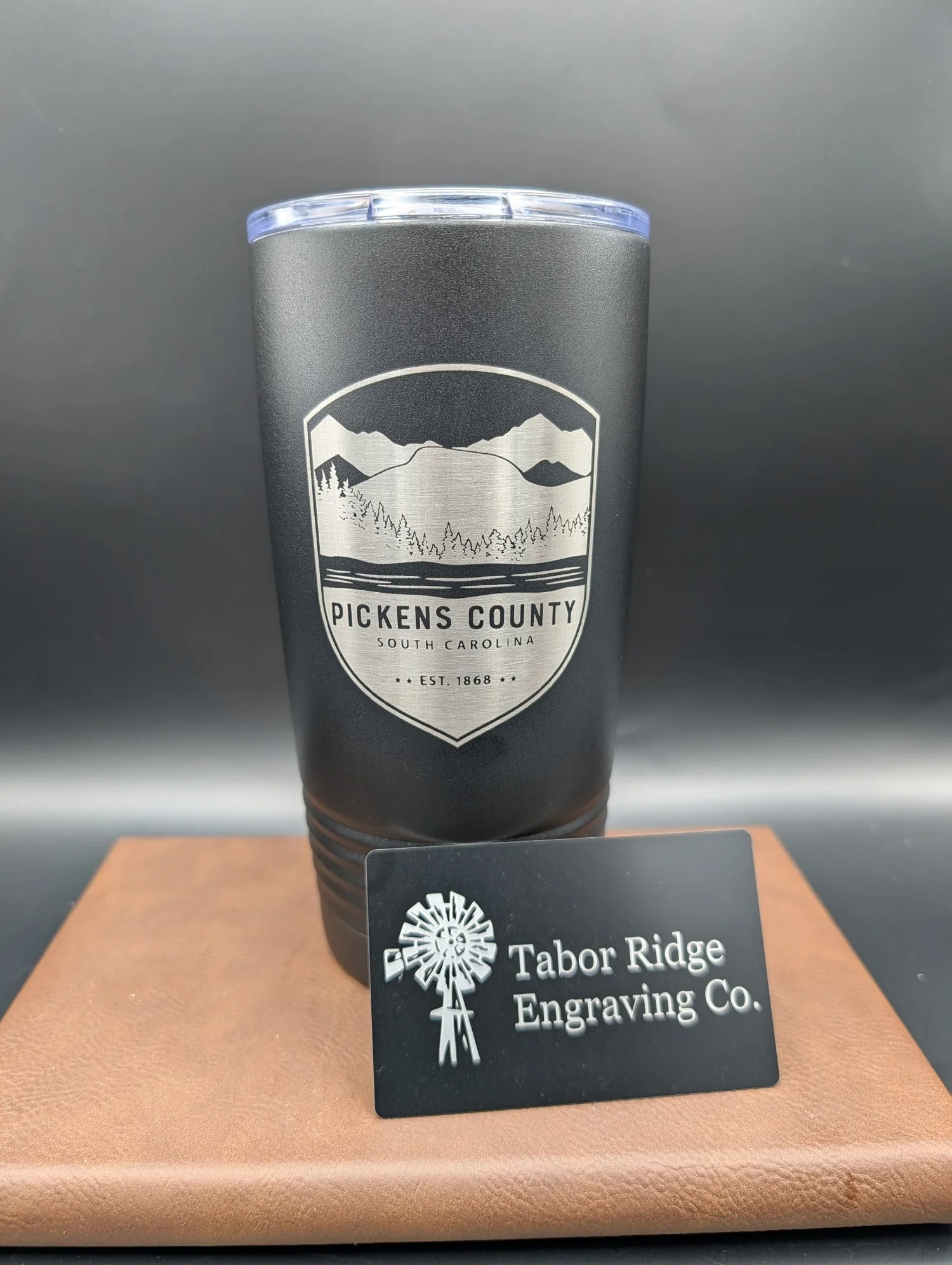 Front engraving – Pickens County crest on black tumbler