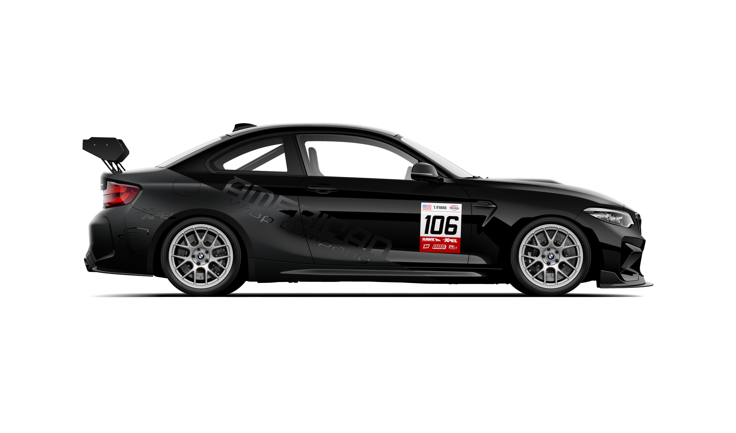 Custom artwork, hand made digital vector side profile illustration of a modified bmw f87 m2, black with matte black vinyl wrap stripes by american wrap company