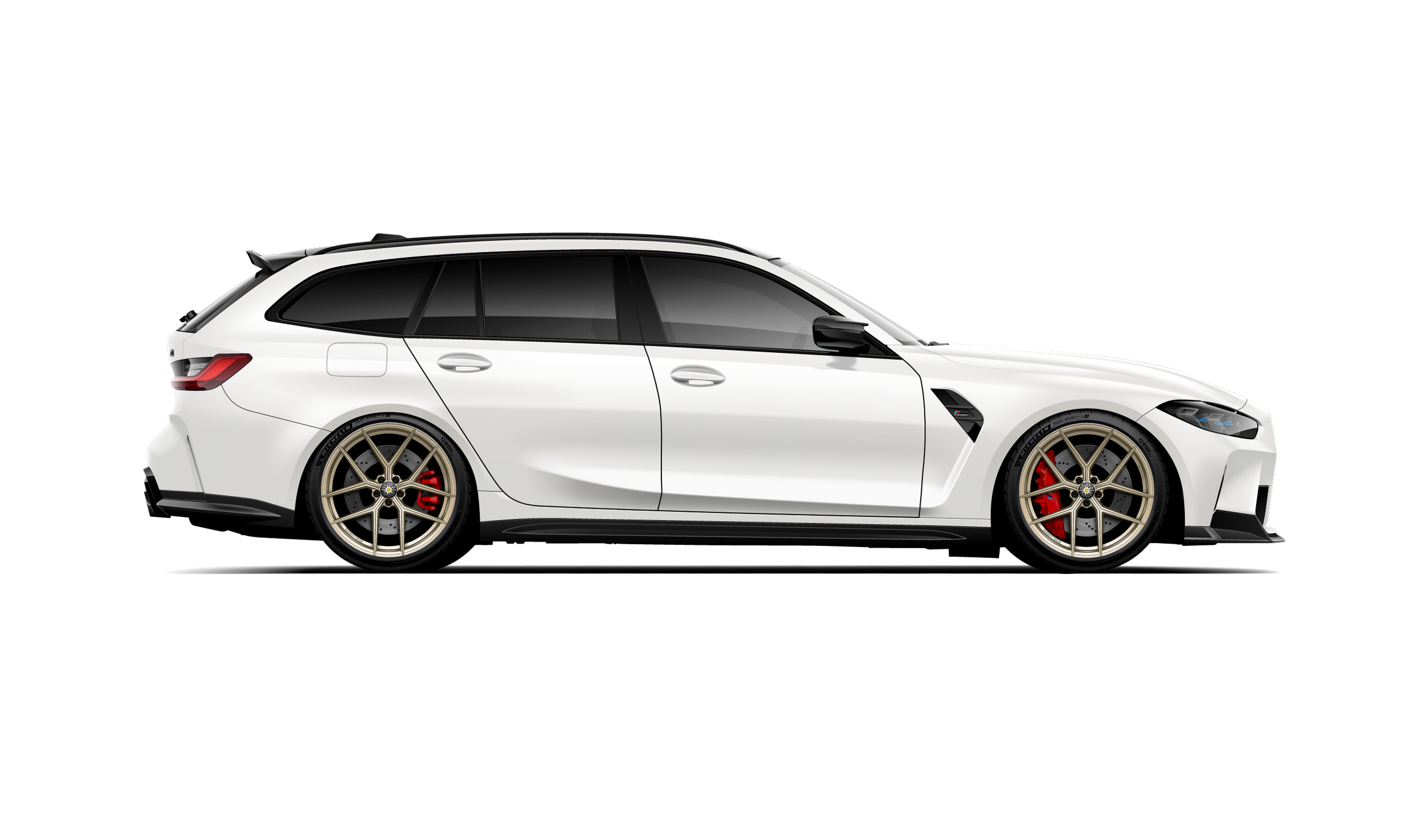 Side profile bmw g81 m3 touring automotive custom artwork frozen white with gold edelweiss lt3 wheels, red brakes and carbon fiber wing