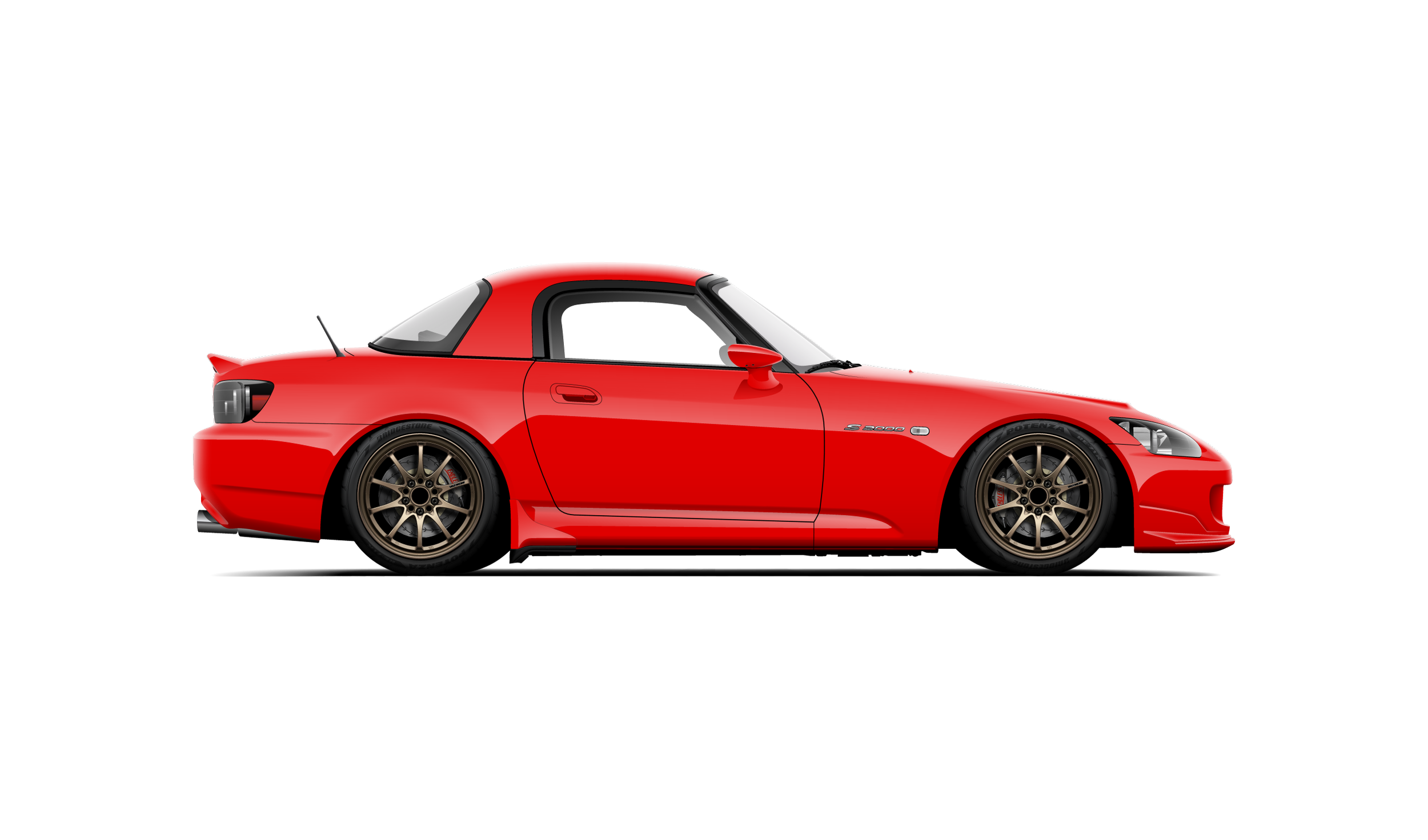 Custom artwork, hand made digital vector side profile illustration of a red honda s2000 modified with bronze volk racing ce28 wheels, endless big brakes amuse r1 front bumper, spoon sports mirrors and factory hardtop