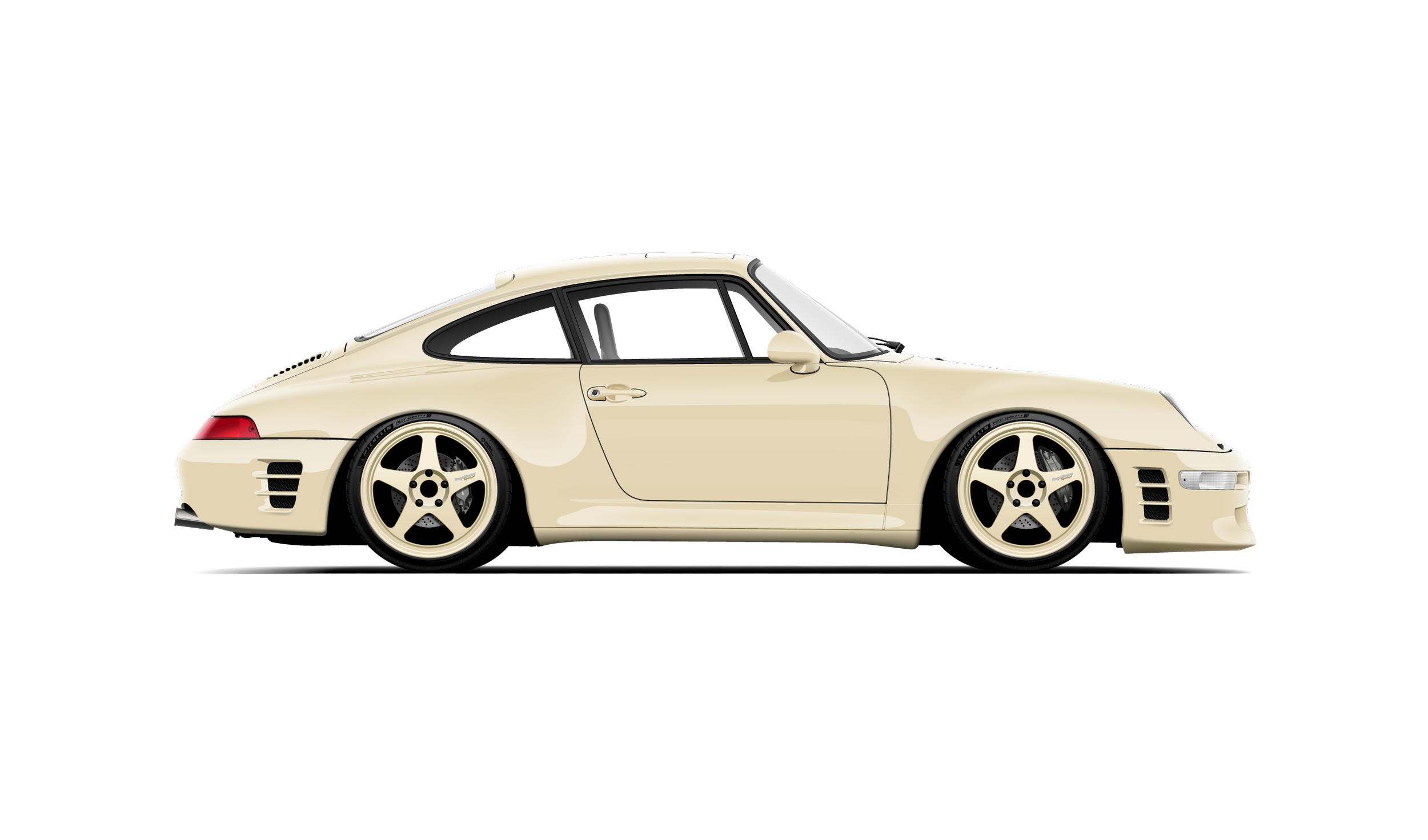 side profile digital drawing of a customized cream colored 993 porsche 911 carrera s with cream desmond regamaster evo wheels and ruf turbo r bumpers