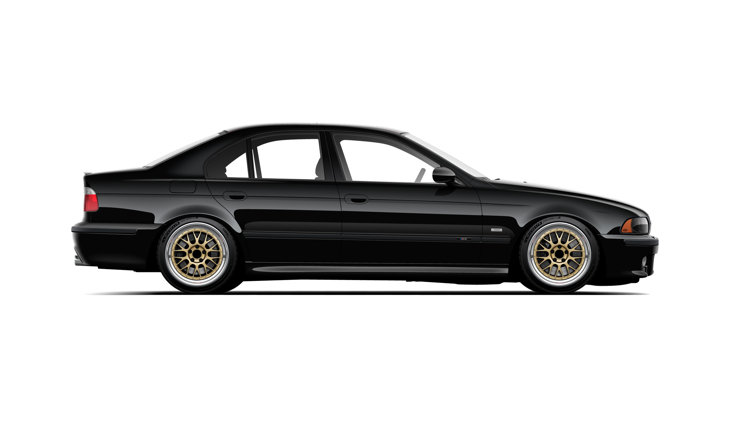 Custom artwork, hand made digital vector side profile illustration of a jet black bmw e39 m5 with system motorsports gold bbs e88 wheels