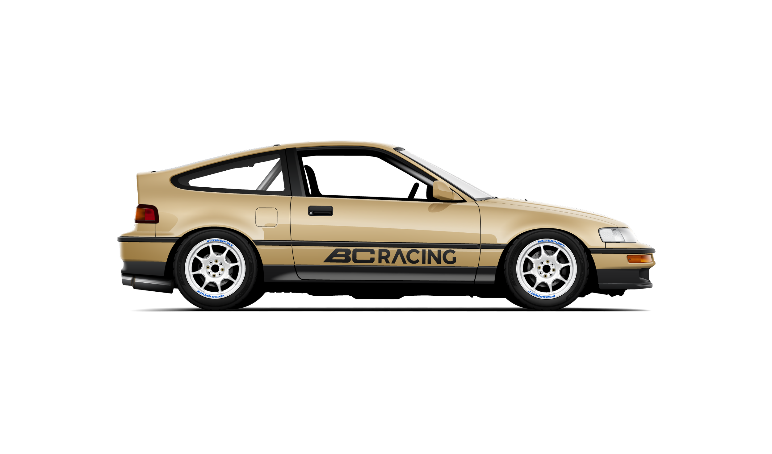 Custom artwork, hand made digital vector side profile illustration of a gold honda crx built by adamlz lzmfg with wedsport tc05 wheels and bc racing sticker on the door