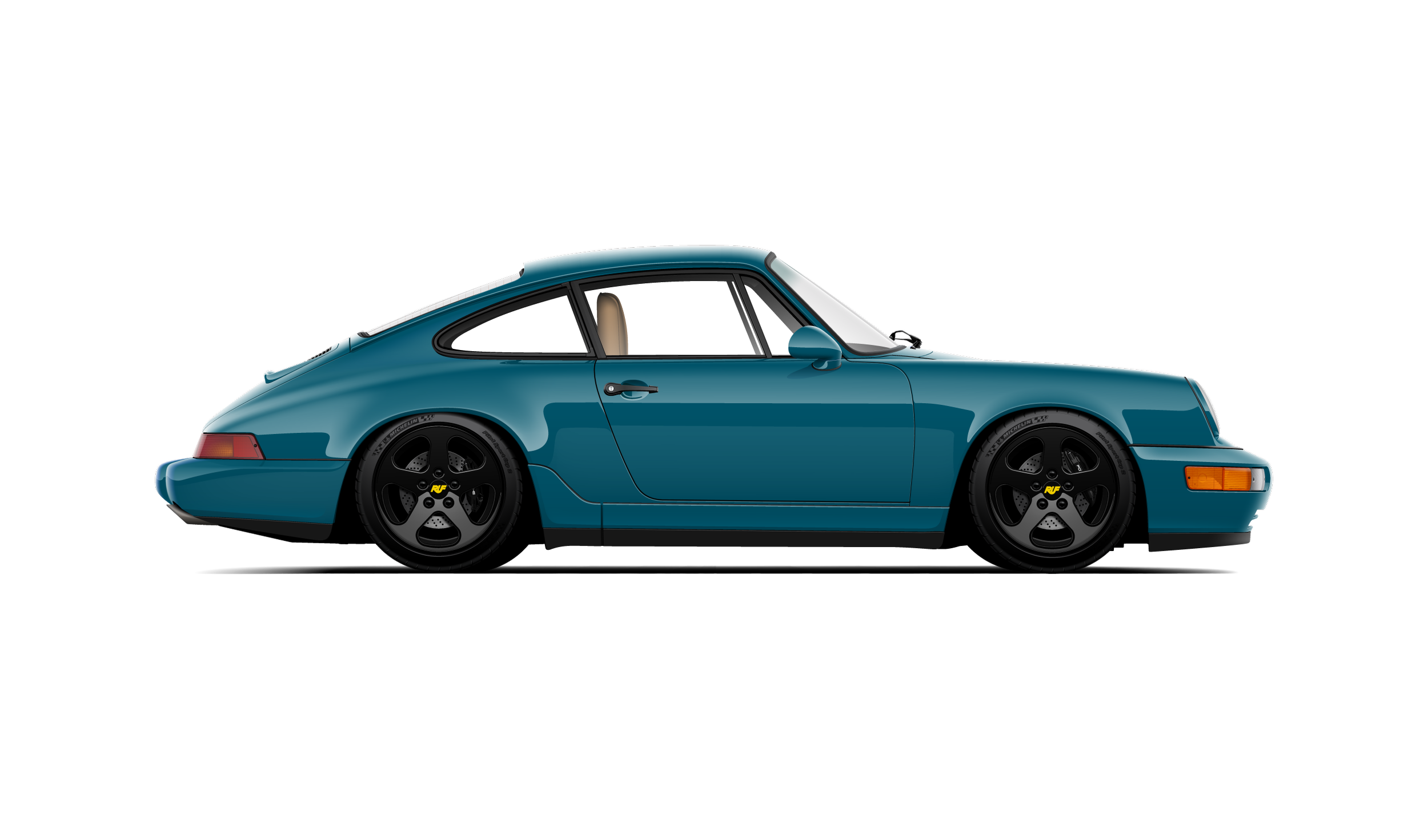 Custom artwork, hand made digital vector side profile illustration of a murano green 964 porsche 911 carrera 2 with gloss black ruf wheels, ruf front lip spoiler