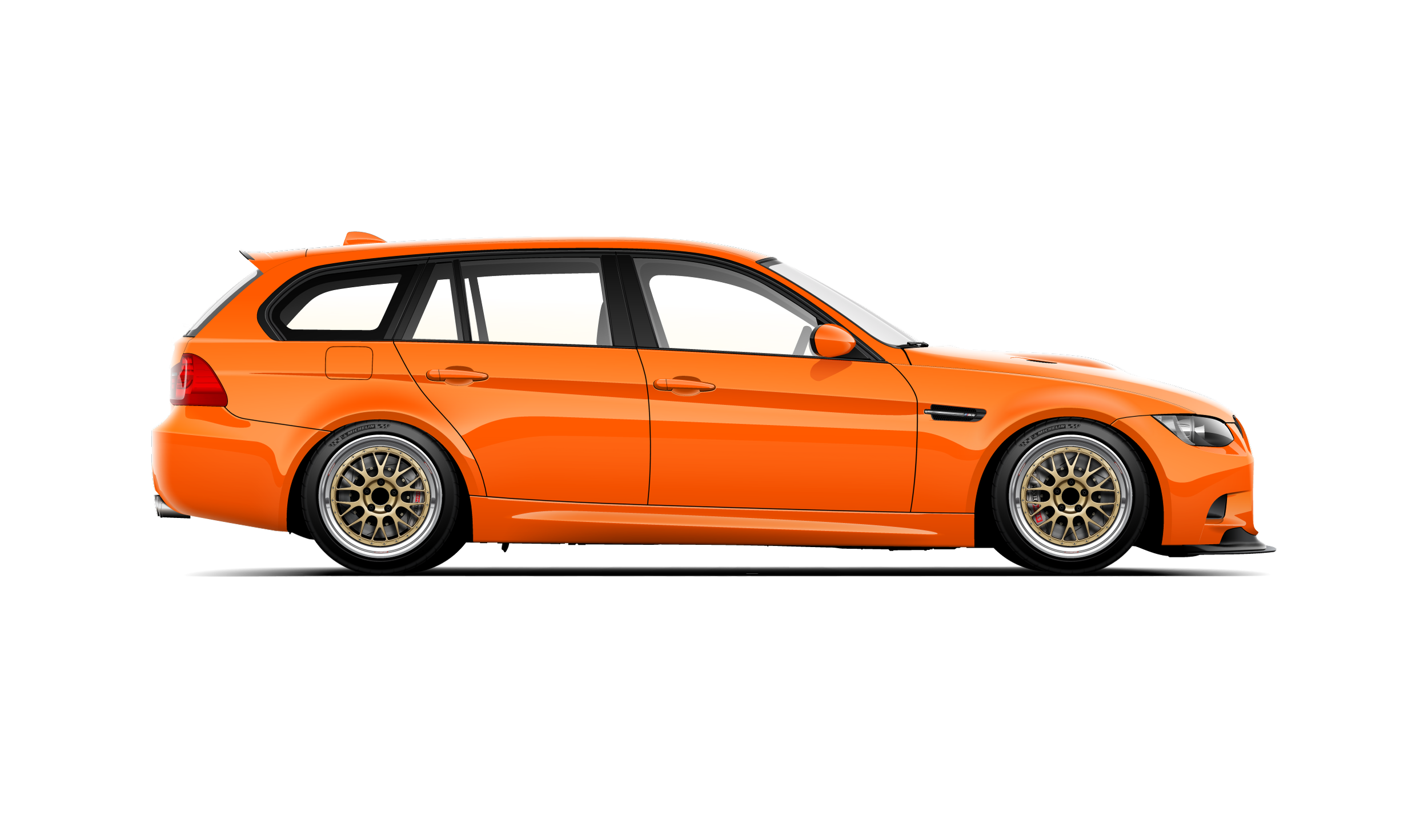 Custom artwork, hand made digital vector side profile illustration of a fire orange bmw e91 m3 touring conversion done by precision sport industries for turn14 giveaway bbs e88 gold