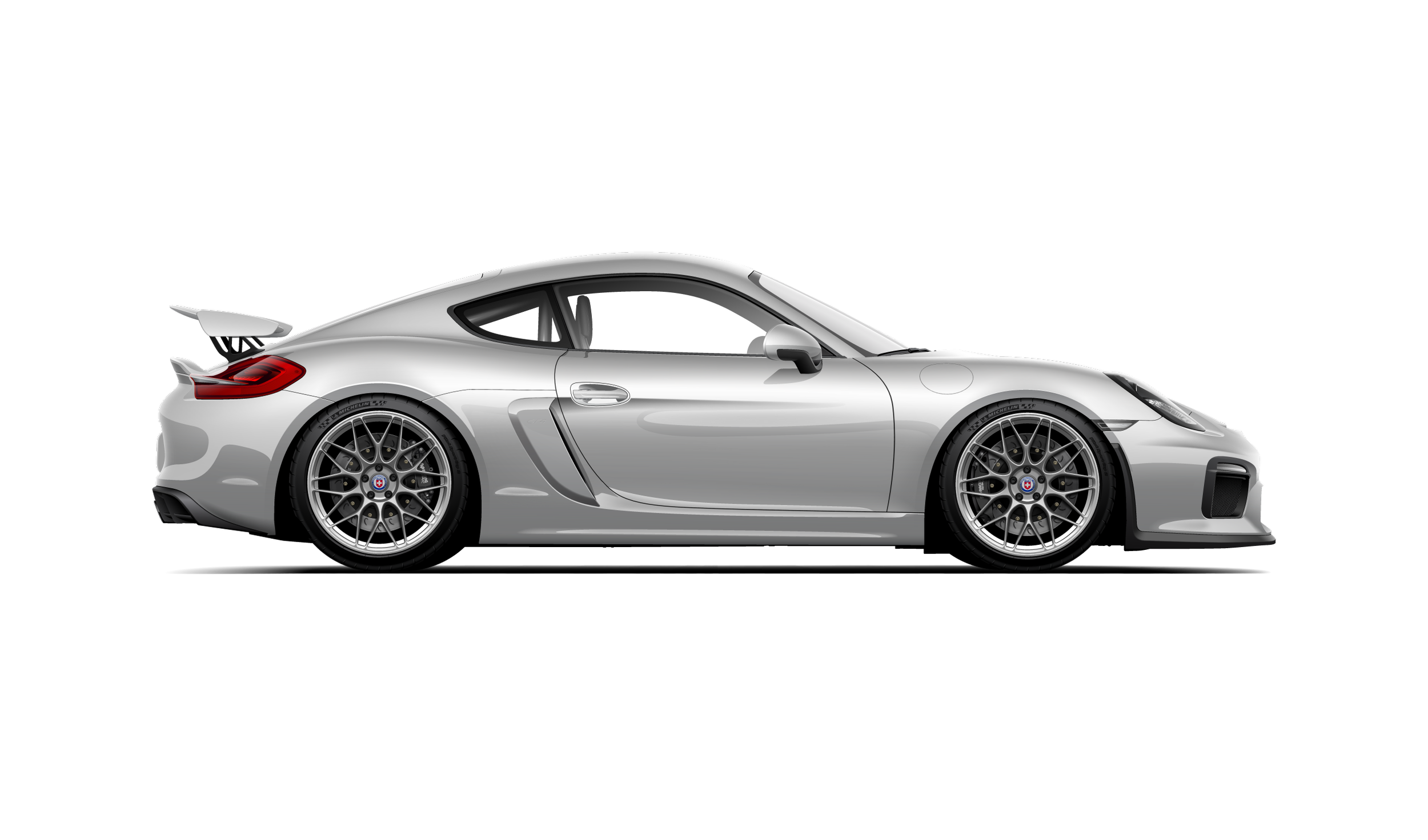 Custom artwork, hand made digital vector illustration of a gt silver metallic 981 porsche cayman gt4 with hre rc100 wheels and ap racing brakes