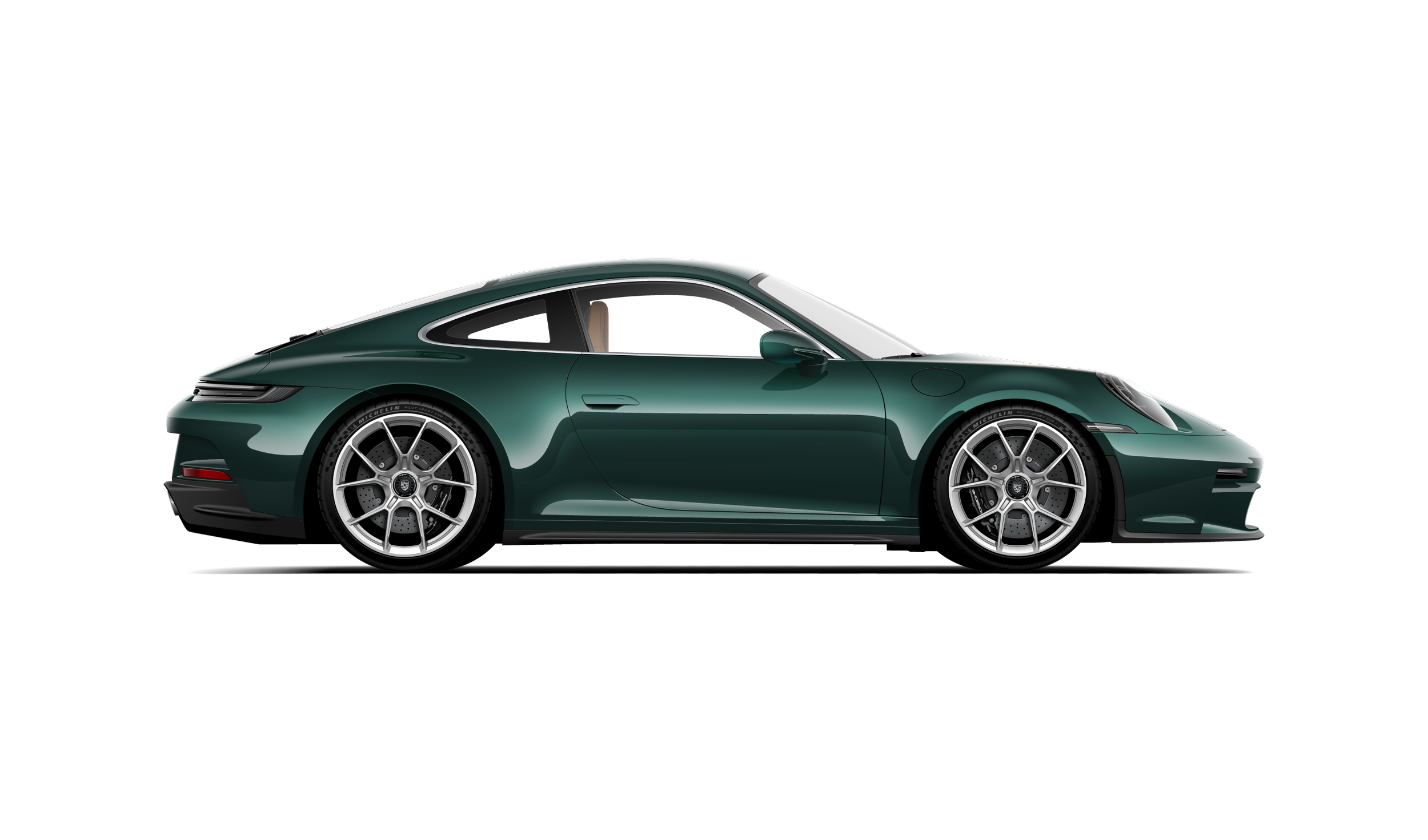 Custom automotive artwork illustration of a side profile view of a 992 Porsche 911 GT3 Touring in paint to sample forest green metallic with silver wheels, black carbon ceramic brakes and tan interior.