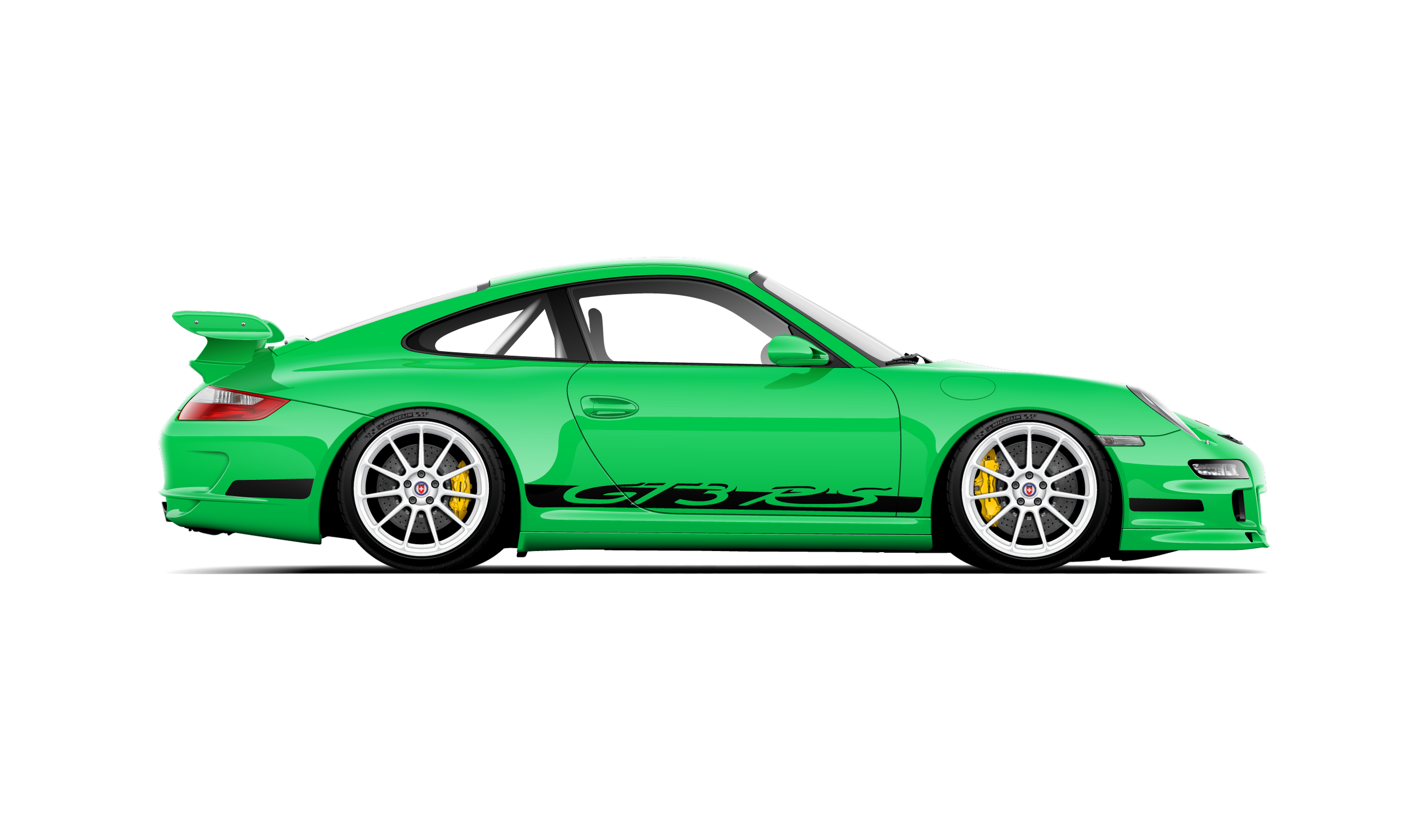 custom side profile artwork of a green 997.1 porsche 911 gt3 rs customized with white hre wheels, lowered and painted side skirts and front lip