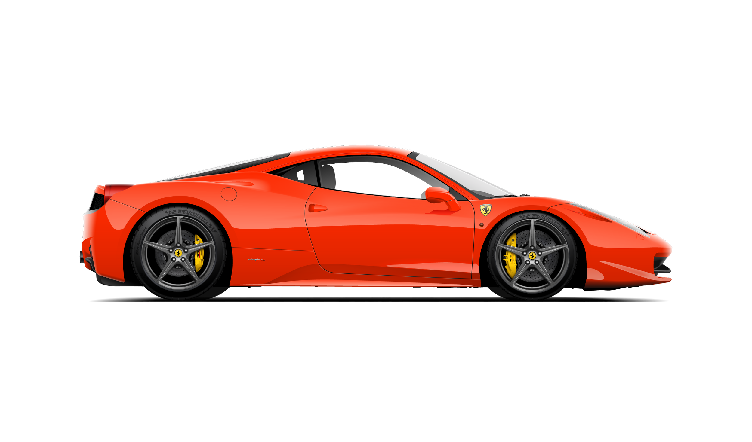 Custom artwork, hand made digital vector illustration of a dino rosso ferrari 458 italia with gunmetal wheels and yellow brake calipers
