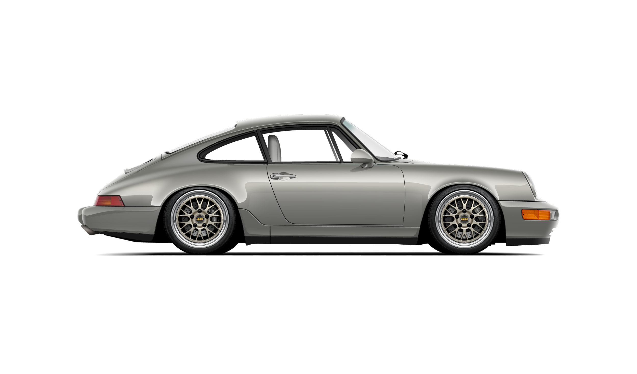 Side profile view of a Porsche 964 911 Carrera 2 automotive artwork painted stone grey metallic with custom aftermarket bbs e88 wheels