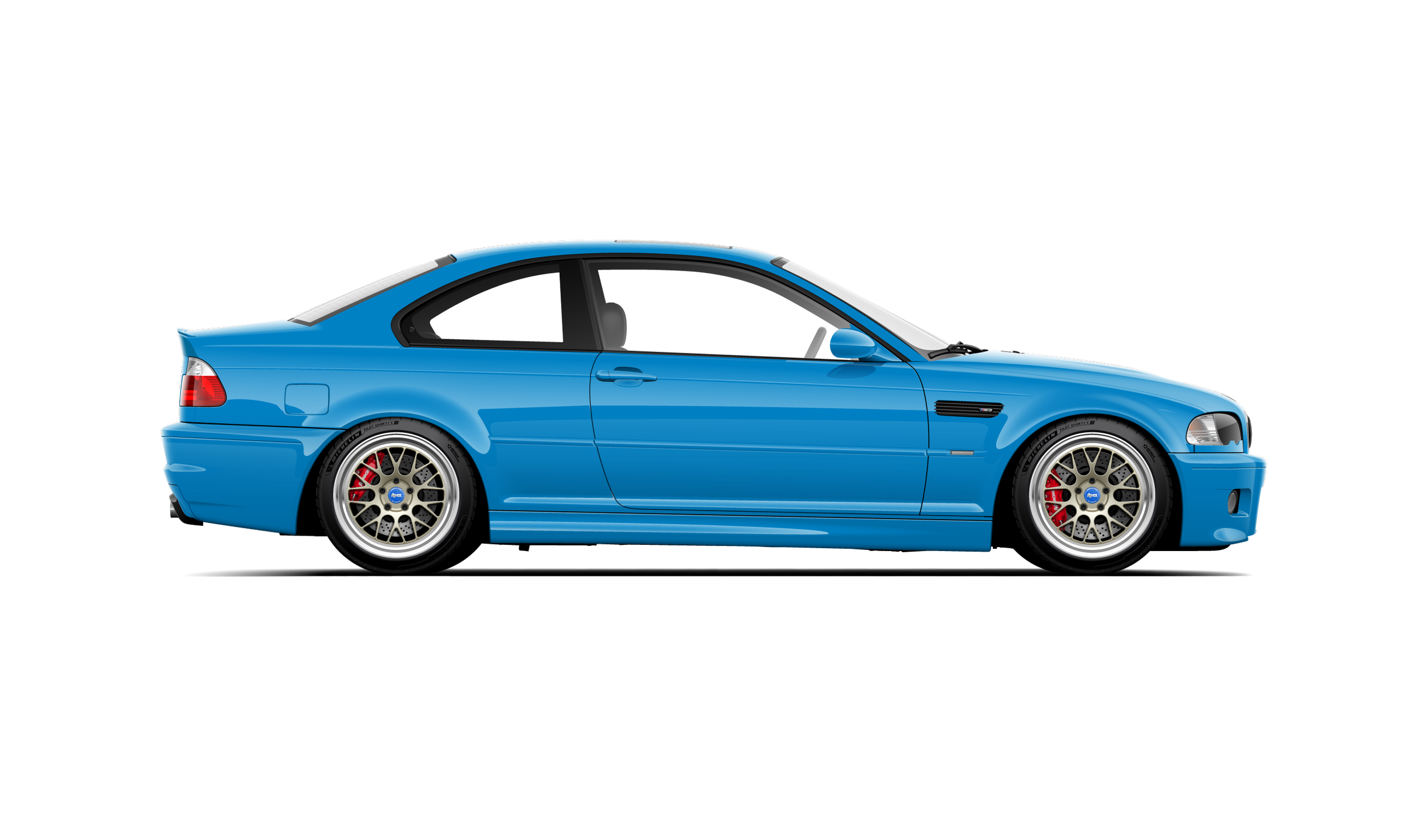 Custom artwork, hand made digital vector side profile illustration of a laguna seca blue bmw e46 m3 with apex ml-10rt wheels and ap racing brakes