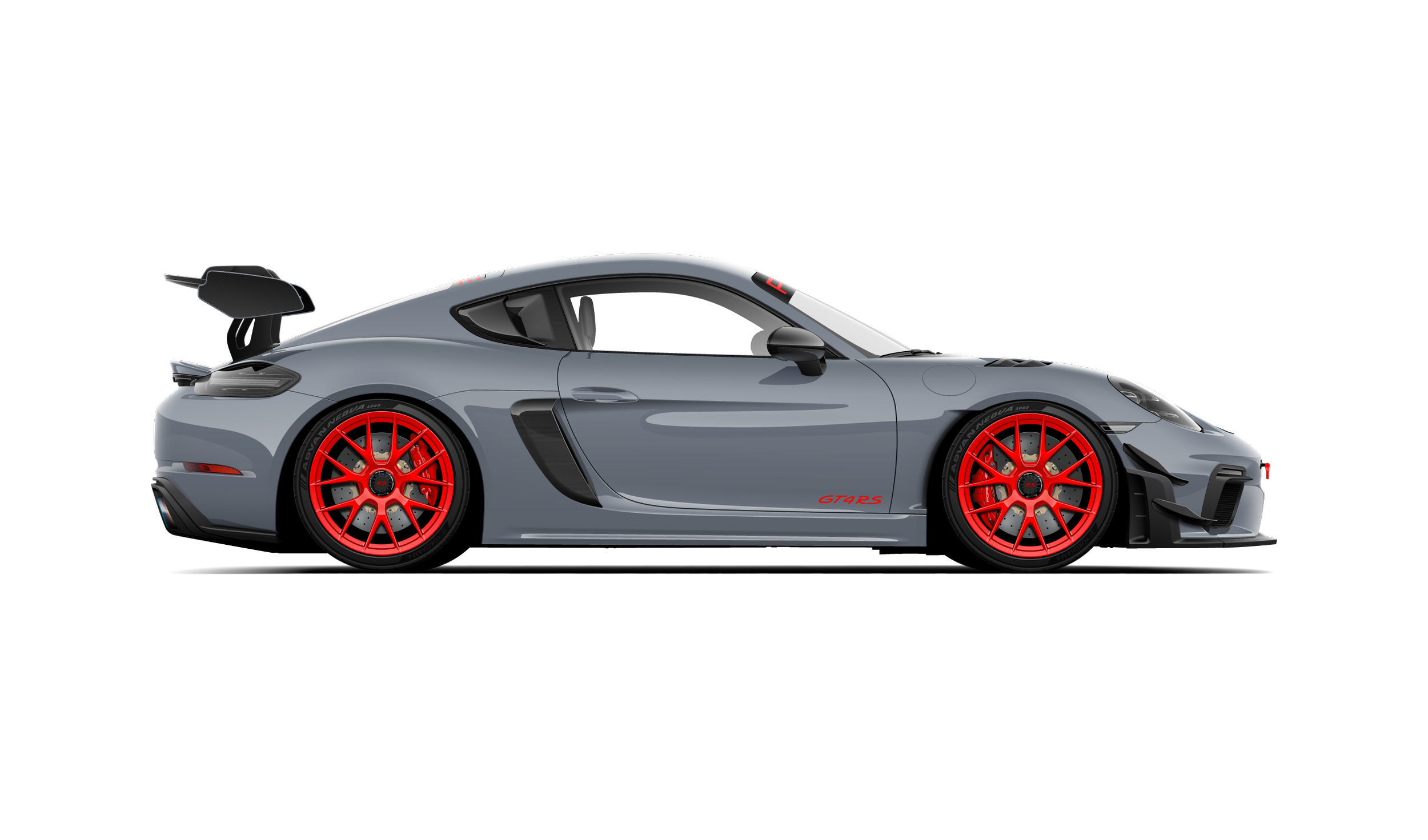 arctic grey porsche 718 gt4 rs with red wheels jcr endplates dundon canards rsnv wing riser