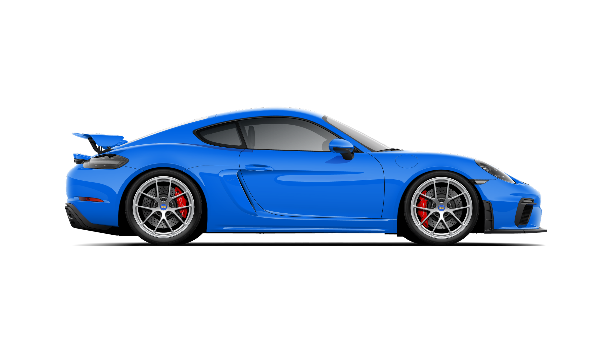 Custom artwork, hand made digital vector side profile illustration of a shark blue 718 porsche cayman gt4 with silver bbs ria wheels and red brake calipers
