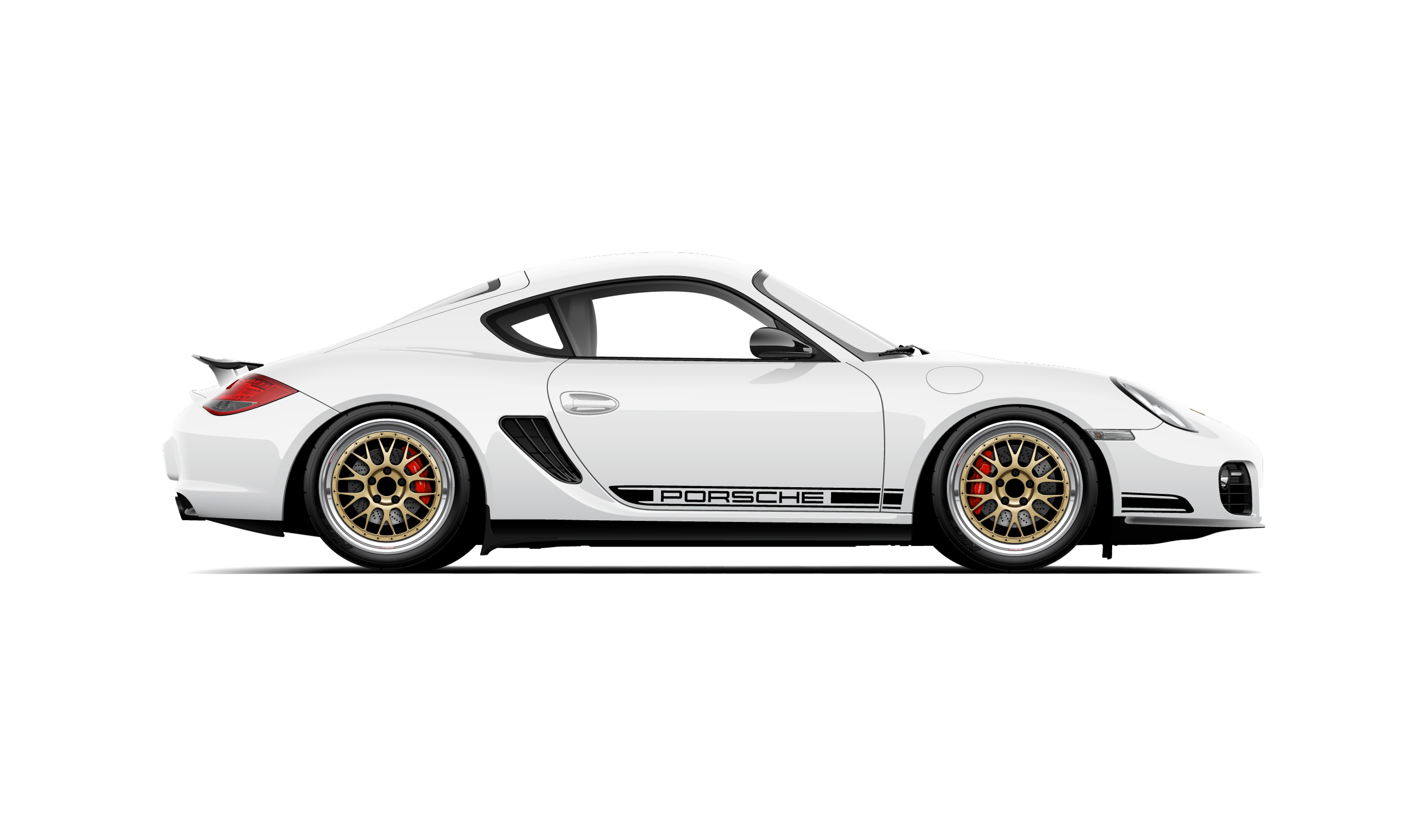 Custom artwork, hand made digital vector side profile illustration of a white 987 porsche cayman r with gold bbs e88 wheels, red brakes and black porsche script door stripe